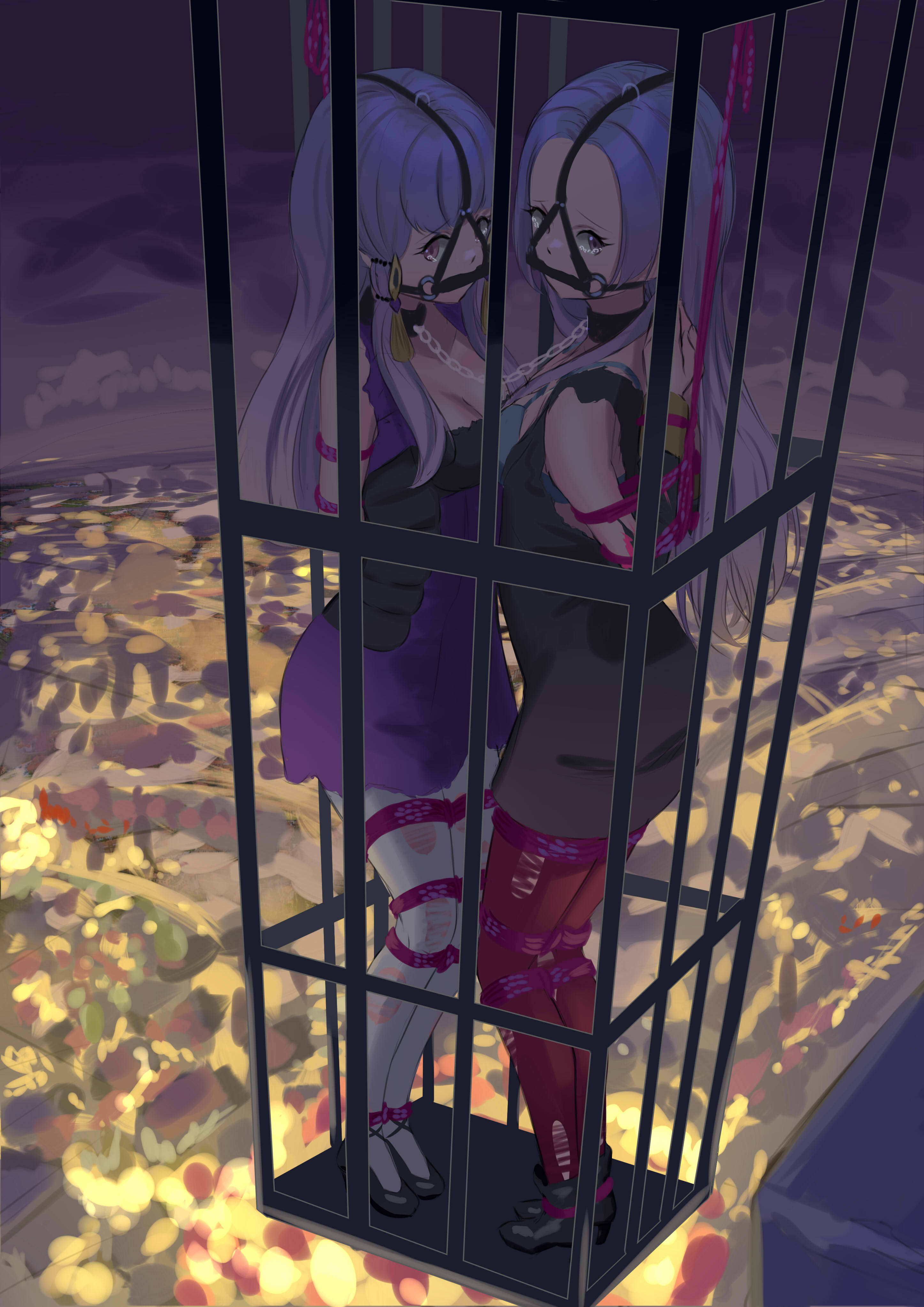 2girls, arms behind back, bar gag, birdcage, bit gag, bondage, bondage gear, bound together, breasts, cage, cailin020, captured, collar, crying, crying with eyes open, edelgard von hresvelg, female, female only, femsub, fire emblem, fire emblem: three houses, gag, harness gag, in cage, linked collar, long hair, looking at viewer, lysithea von ordelia, medium breasts, multiple females, multiple girls, multiple subs, nintendo, pink eyes, post-timeskip, purple eyes, tied together, torn clothes, white hair