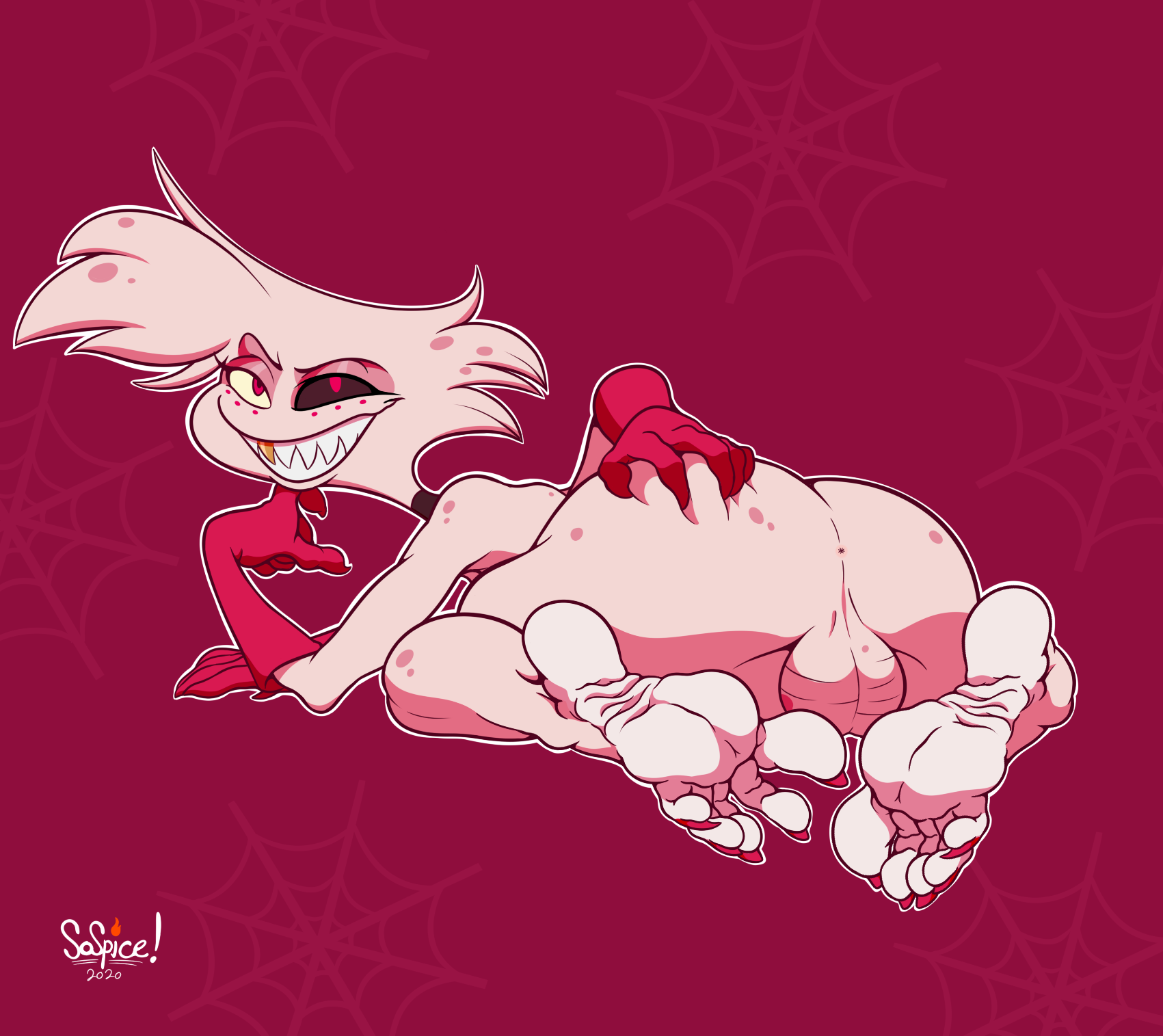 1boy, angel dust (hazbin hotel), balls, demon, feet, gloves, gold tooth, grabbing own ass, hazbin hotel, laying on stomach, looking at viewer, male, male only, nude, smiling, solo male, spider, vivienne medrano, white body, white hair, wrinkled feet, wrinkles
