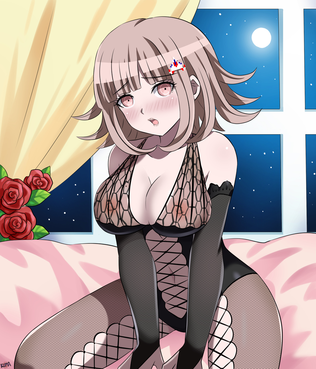 1girls danganronpa danganronpa_2:_goodbye_despair danganronpa_3 embarrassed_nude_female female female_only izuru_planetes large_breasts lewdkuma lipstick looking_at_viewer mole mole_on_breast nanami_chiaki nipples nylons see-through_clothing solo straight_hair