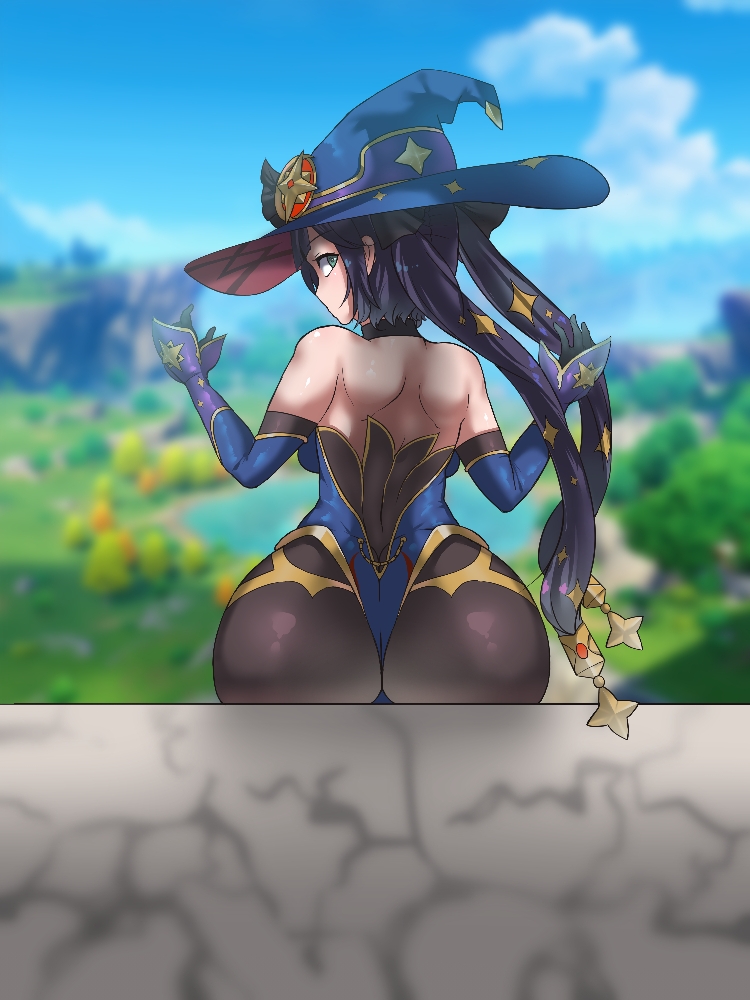 ass, black hair, female, genshin impact, green eyes, huge ass, long hair, looking at viewer, looking back, mona (genshin impact), ryan (artist), sitting, tight clothes, witch, witch hat