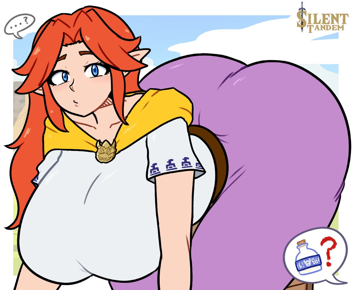 blue eyes, bottle of milk, breasts bigger than head, cremia, elf, elf ears, female, fully clothed, huge ass, huge breasts, leaning forward, majora's mask, malon, milk, ocarina of time, orange hair, silenttandem, the legend of zelda, the legend of zelda: ocarina of time, thick thighs