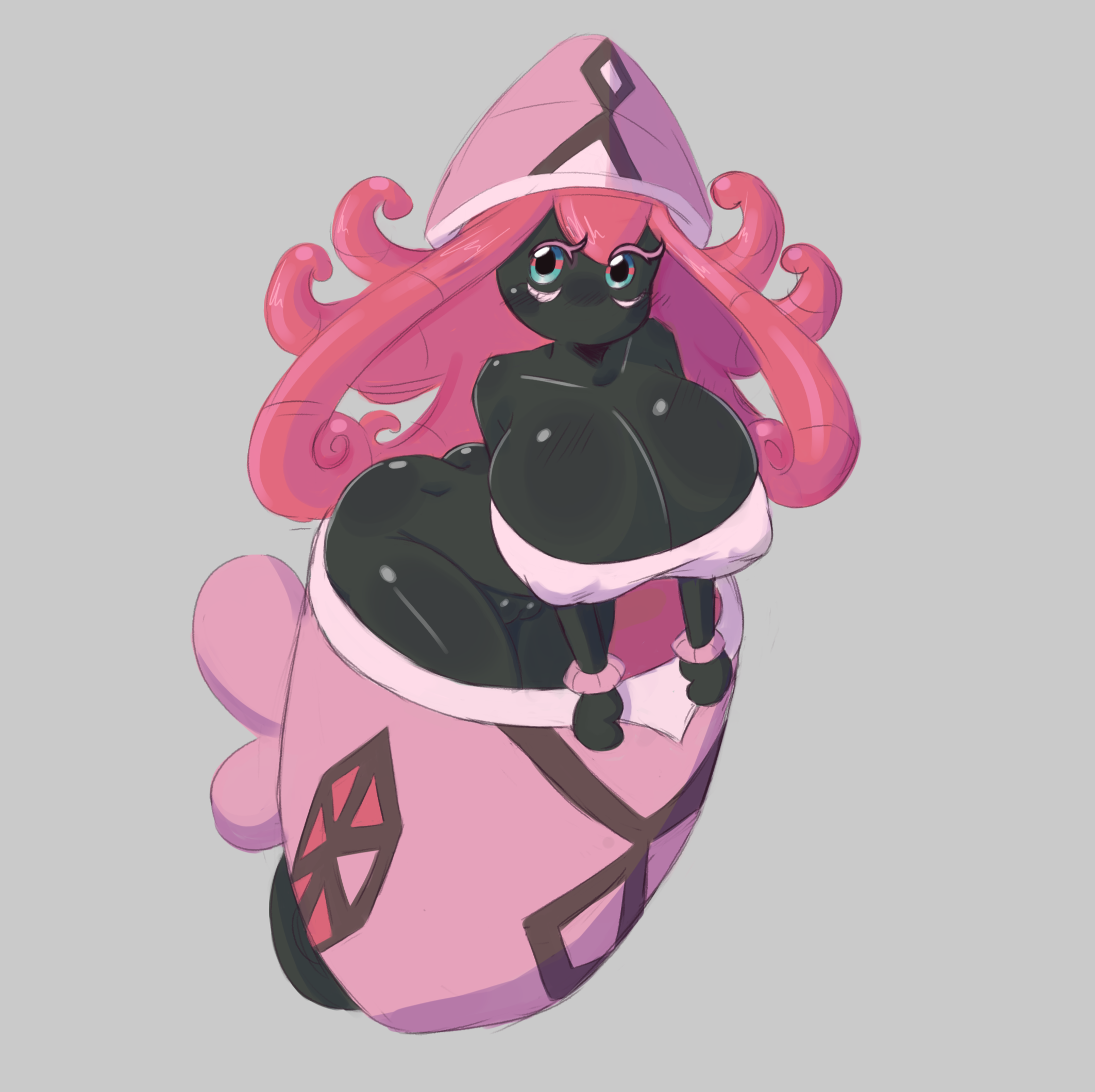 1girl, 1girls, big breasts, black skin, blue eyes, breast focus, breast press, breasts, female, female focus, female only, generation 7 pokemon, humanoid, humanoid female, humanoid only, legendary pokemon, looking at viewer, nintendo, no mouth, non-human, pink hair, pokemon, pokemon (species), round ass, round breasts, solo, solo female, tapu lele, twitter link