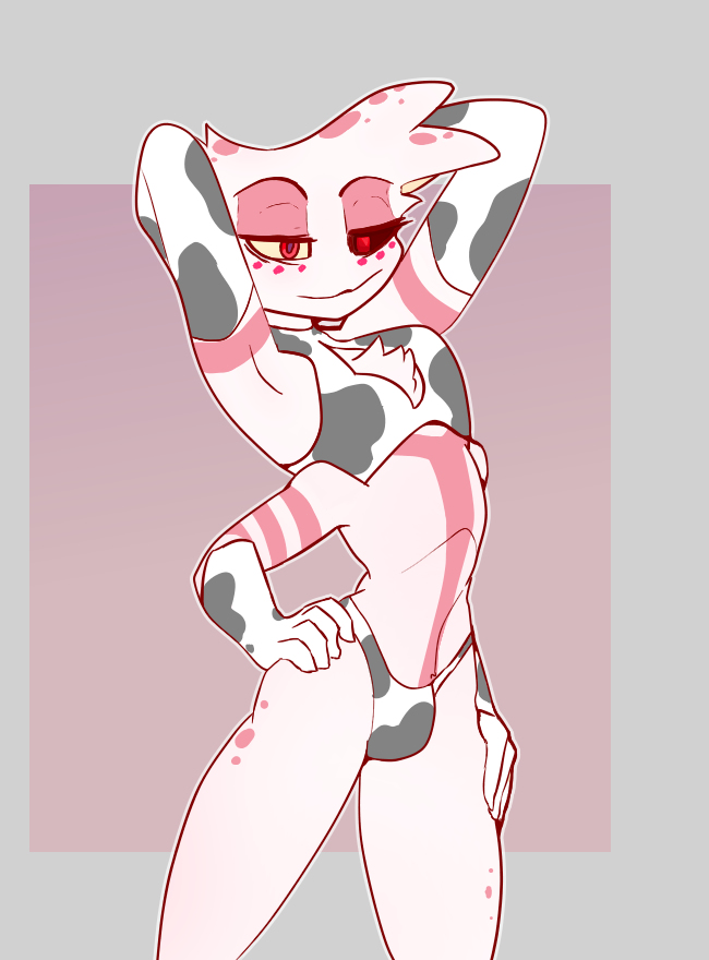 1boy, angel dust (hazbin hotel), arms behind head, bra, bulge, chest tuft, cow print, demon, gloves, hands on hip, hazbin hotel, male, male only, midriff, mostly nude, panties, presenting, relaxed, solo male, spider, thick, thick thighs, underwear, vivienne medrano, white body, white hair