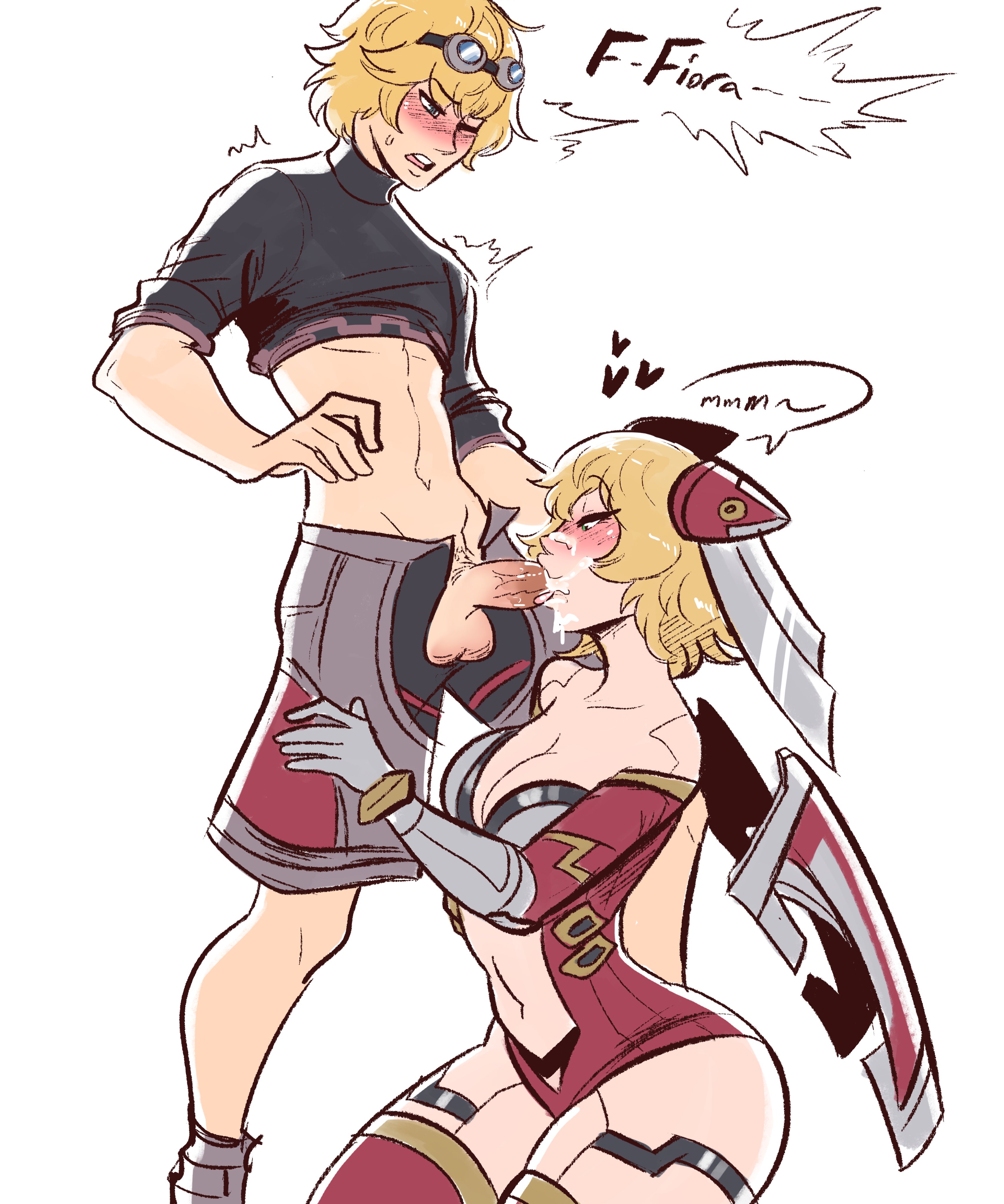 1boy, 1girls, alternate costume, blonde female, blonde female/blonde male, blonde hair, blowjob, blush, canon couple, cleavage, cum, cum in mouth, cum on face, cumshot, cybernetics, cyborg, fellatio, female, fiora (xenoblade), gynoid, kneeling, male, mecha-fiora (xenoblade), nintendo, official alternate costume, oral, oral sex, penis, penis lick, robot girl, scruffyturtles, short hair, shulk (xenoblade), speech bubble, spoilers, straight, text, white background, xenoblade (series), xenoblade chronicles