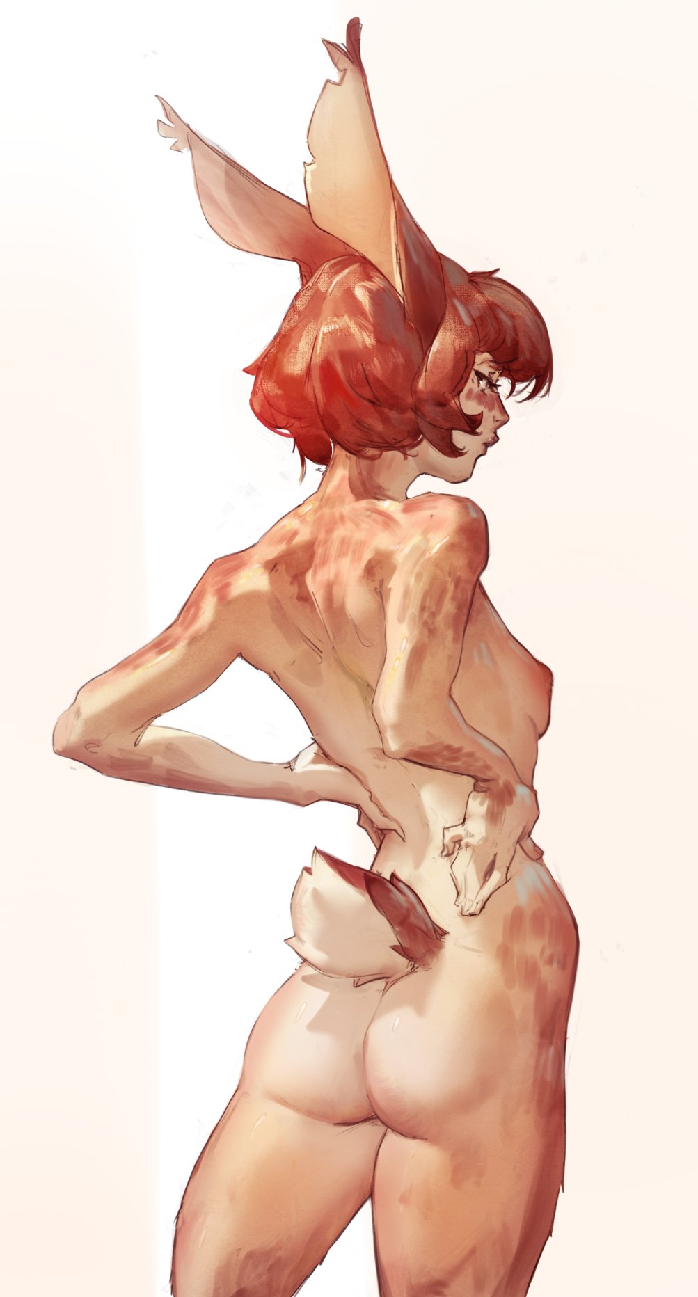 1girls, absurd owl, arms behind back, ass, aurora (league of legends), back, back view, breasts, bunny ears, bunny girl, bunny tail, child bearing hips, curvaceous, curvaceous body, curvaceous female, curvaceous figure, curvaceous hips, curvaceous thighs, freckles, furry, league of legends, pink nipples, red hair, riot games, sideboob, small ass, small breasts, vastaya, waifu