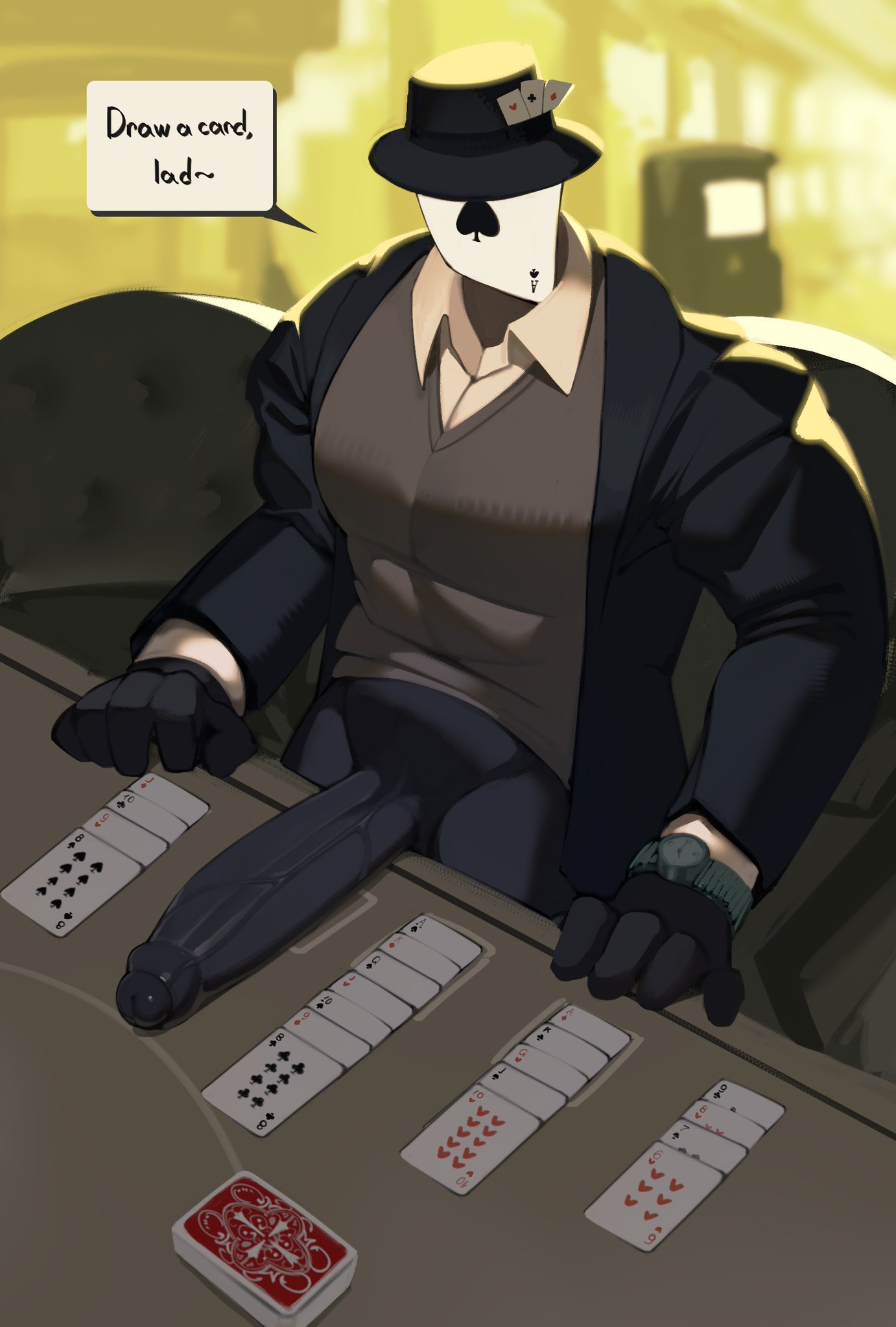 2d (artwork), ace of spades, anthropomorphization, card, card deck, card game, casino, detailed background, gay, gay male, hat, kogito, male, male only, massive penis, muscular male, original character, solitaire, speech bubble, suit, text, twitter, veins, watch, yaoi