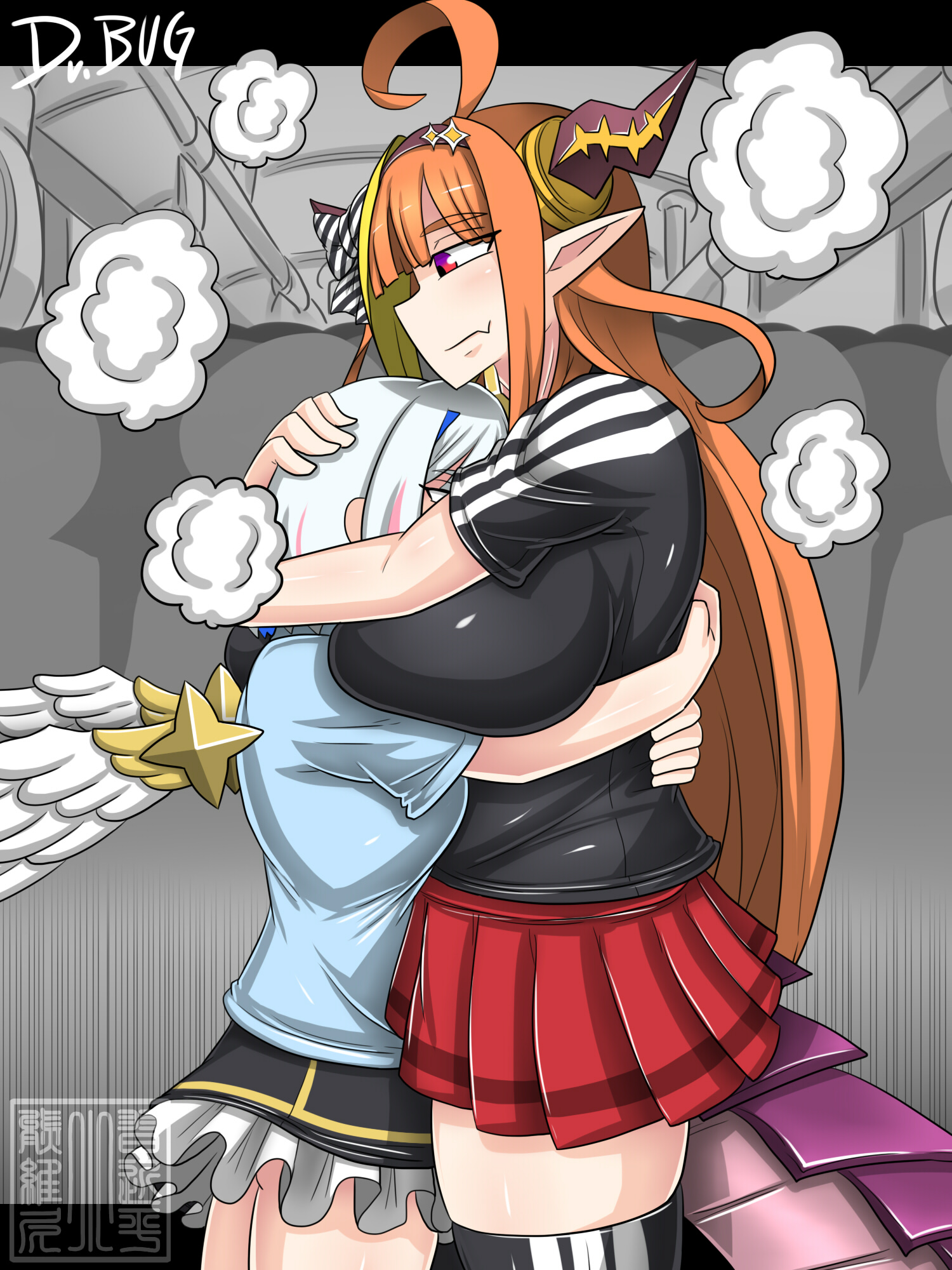 2futas, amane kanata, blue eyes, breasts, clothed, clothed sex, clothing, dr.bug, duo focus, fully clothed, futa on futa, futa only, futanari, holoforce, hololive, hololive japan, hugging, humanoid, implied futa, intersex, kiryu coco, large breasts, multicolored hair, orange hair, pale skin, public, public sex, purple eyes, standing, stealth sex, virtual youtuber, white hair