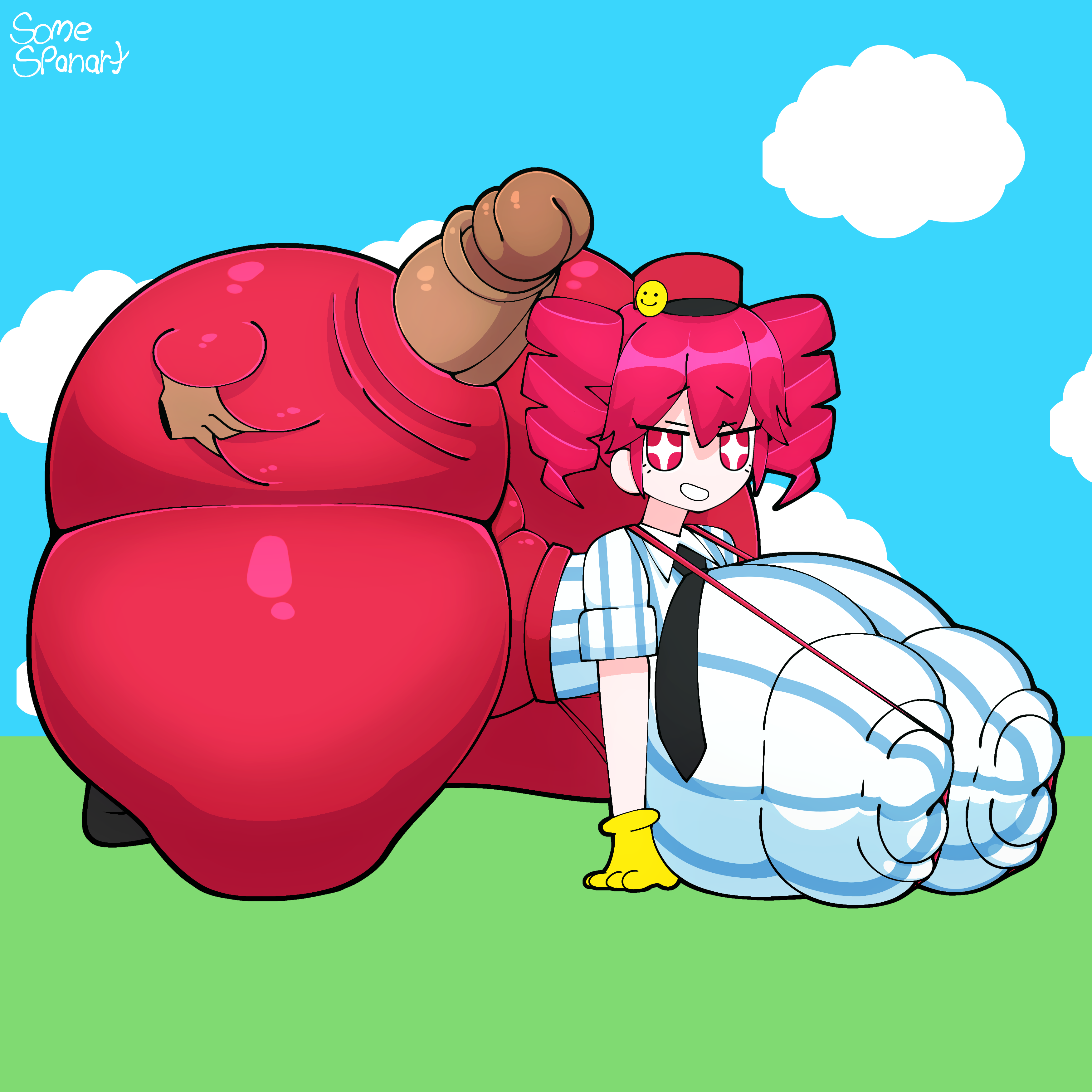 1boy, 1girls, 2d, 2d (artwork), accurate art style, areola bulge, areolae, areolae visible through clothing, artist logo, artist name, ass, ass bigger than body, ass bigger than head, ass bigger than torso, ass body, ass focus, ass grab, ass ripple, assjob, big ass, big breasts, big nipples, big thighs, blouse, breasts, bubble butt, buttjob, clothed, clothed buttjob, clothed female, clothed sex, clothing, commission, commission art, curvaceous, curvy, curvy female, curvy figure, disembodied penis, doggy position, dumptruck ass, enormous ass, enormous thighs, fat ass, fat breasts, fat nipples, fat thighs, female, field, floating penis, fully clothed, gigantic ass, gigantic thighs, gloves, grabbing ass, grabbing from behind, grass, groping, groping ass, groping from behind, hat, hetero, high waisted pants, high-waist pants, hips wider than shoulders, hot dogging, hourglass figure, huge areolae, huge ass, huge breasts, huge cock, huge nipples, huge thighs, hyper, hyper areola, hyper ass, hyper breasts, hyper hourglass, hyper nipples, hyper penis, hyper thighs, kasane teto, kasane teto (sv), large areolae, large ass, large thighs, looking at viewer, male, male/female, maledom, massive areolae, massive ass, massive nipples, massive thighs, meat wall (body type), mesmerizer (vocaloid), mesmerizer teto, mob face, mv character, necktie, nipple bulge, nipples, nipples visible through clothing, on all fours, on knees, outercourse, pants, partial male, penis, penis between ass, plump, plump ass, plump breasts, plump nipples, plump thighs, puffy areola, puffy nipples, red eyes, red hair, rippling ass, round ass, round breasts, shiny ass, shiny clothes, shirt, shoes, sinking grip, skin tight, skin tight pants, sky, smile, solo, solo female, somespanart, sparkling eyes, straight, striped shirt, suspenders, synthesizer v, thick ass, thick thighs, thighs, thighs bigger than head, thighs bigger than torso, tight clothing, tight pants, tight shirt, twin drills, utau, venus body, voluptuous, voluptuous female, wide hips