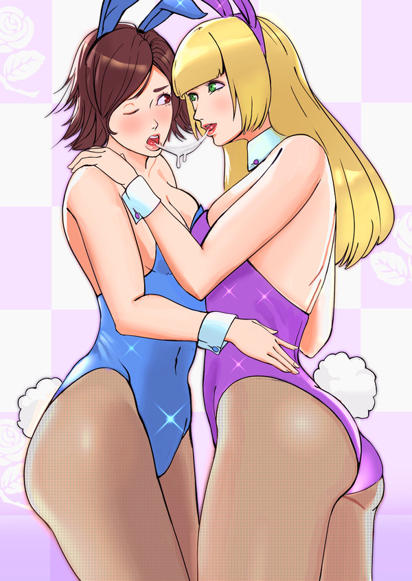 2girls alluring animal_ears ass bunny_ears bunny_girl bunny_tail bunnysuit emilie_de_rochefort female_only kazama_asuka kissing leotard namco open_mouth pantyhose saliva saliva_trail sunbeam_(artist) tail tekken voluptuous yuri