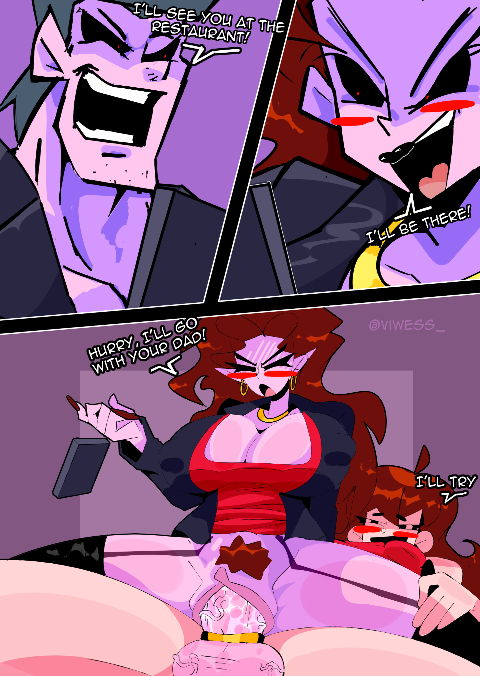balls, big breasts, blush, cucked by futa, daddy dearest, english text, friday night funkin, futa on female, futanari, girlfriend (friday night funkin), incest, mommy mearest, mother and daughter, nsfw, penis, phone call, pleasure face, purple skin, red hair, vaginal penetration, vi wesker