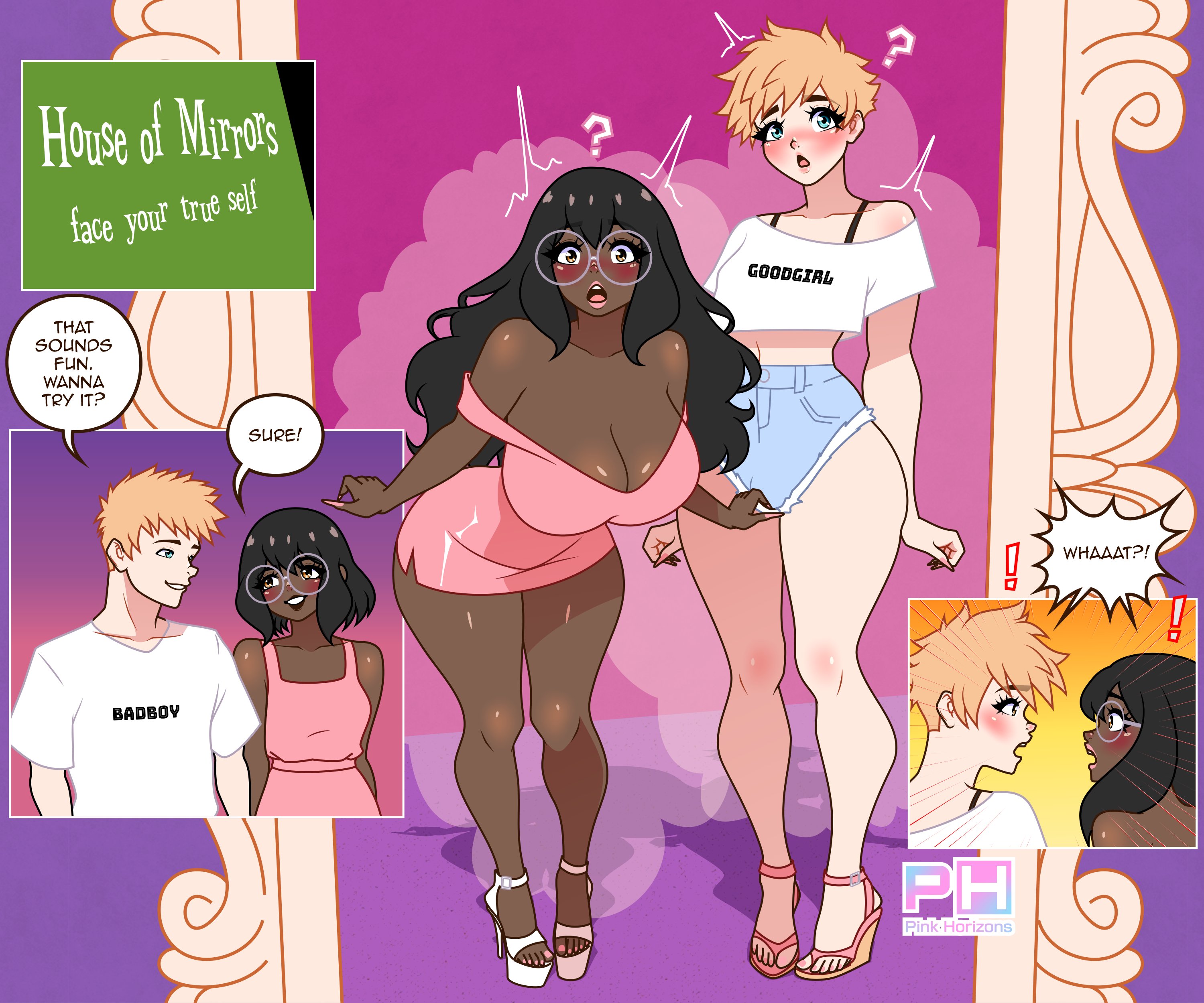 1boy, 1girls, big breasts, dark-skinned female, feminization, pink horizons, tagme, transformation