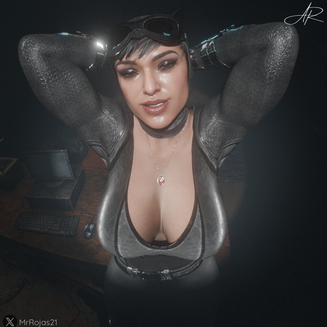 1girls, 2026, 3d, 3d (artwork), alluring, arms behind head, batman (series), big breasts, black hair, bodysuit, breasts, bursting breasts, cat ears, catwoman, catwoman (injustice), choker, cleavage, collar, computer, curvaceous, curvaceous body, curvaceous female, curvaceous figure, curvy, curvy body, curvy female, curvy figure, dc, dc comics, enticing, eyeshadow, female, goggles, goggles on forehead, huge breasts, injustice 2, large breasts, light skin, light-skinned female, looking at viewer, massive breasts, mrrojas21, necklace, red lipstick, seducing, seductive, seductive look, seductive pose, selina kyle, short hair, skin tight, smile, smiling, smiling at viewer, table, teasing, teasing viewer, temptation, tempting, tempting viewer, thick breasts, thick lips, thief, tight clothes, tight clothing, voluptuous, voluptuous female