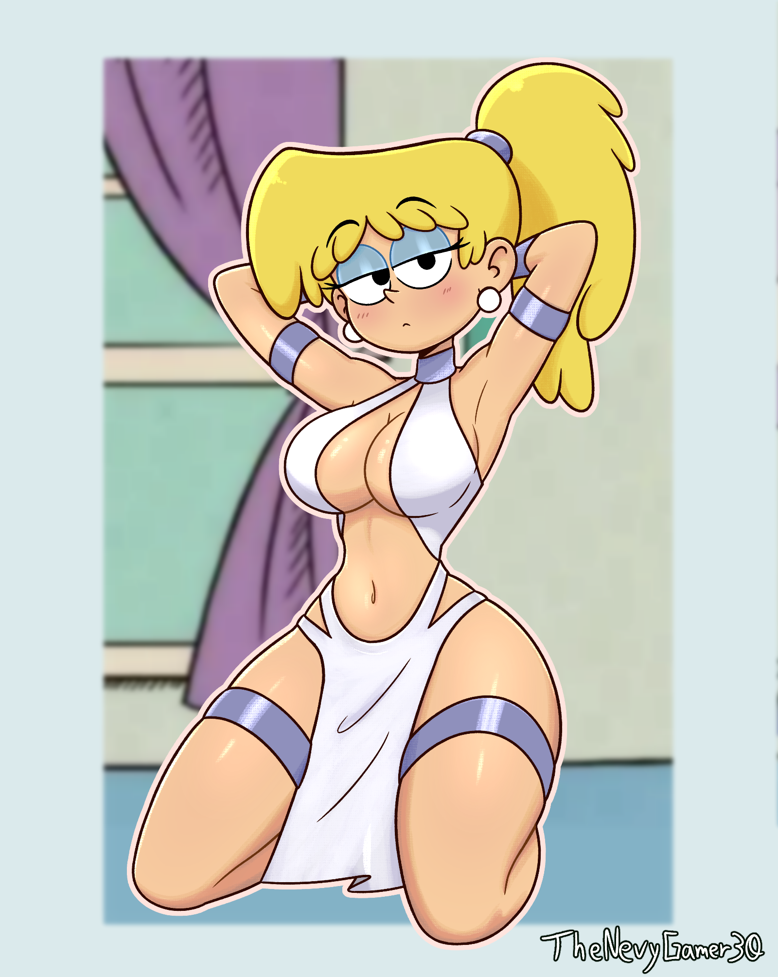 1girls, alternate hairstyle, armpits, arms behind head, arms up, bedroom, belly button, blonde female, blonde hair, blue eyeshadow, blush, bracelet, breasts, earrings, eyeshadow, female, female focus, female only, indoors, kneeling, light skin, light-skinned female, lingerie, long hair, looking at viewer, lori loud, navel, nickelodeon, nicktoons, ponytail, solo, solo female, solo focus, teenage girl, teenager, the loud house, thenevygamer30, tied hair