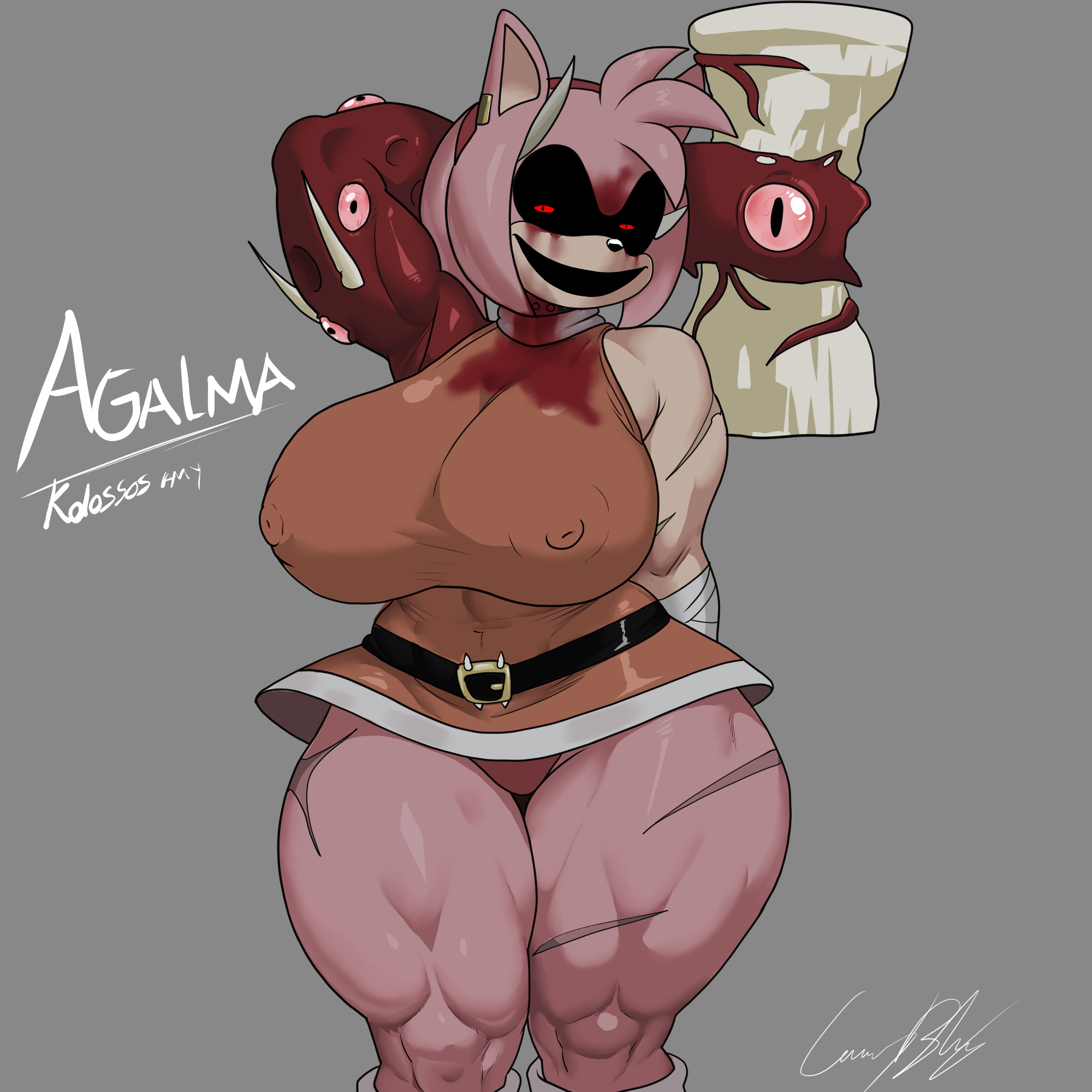 amy rose, amy.exe, belt, big breasts, black sclera, breasts, clothed, clothed female, clothing, covered breasts, covered nipples, cuernosblancos, dress, hairband, huge breasts, kolossos, large breasts, massive breasts, monster arm, monster girl, nipple bulge, nipples visible through clothing, outcome memories, red eyes, red hairband, scars, sega, sonic (series), sonic the hedgehog (series), sonic.exe (series), thick thighs, thighs