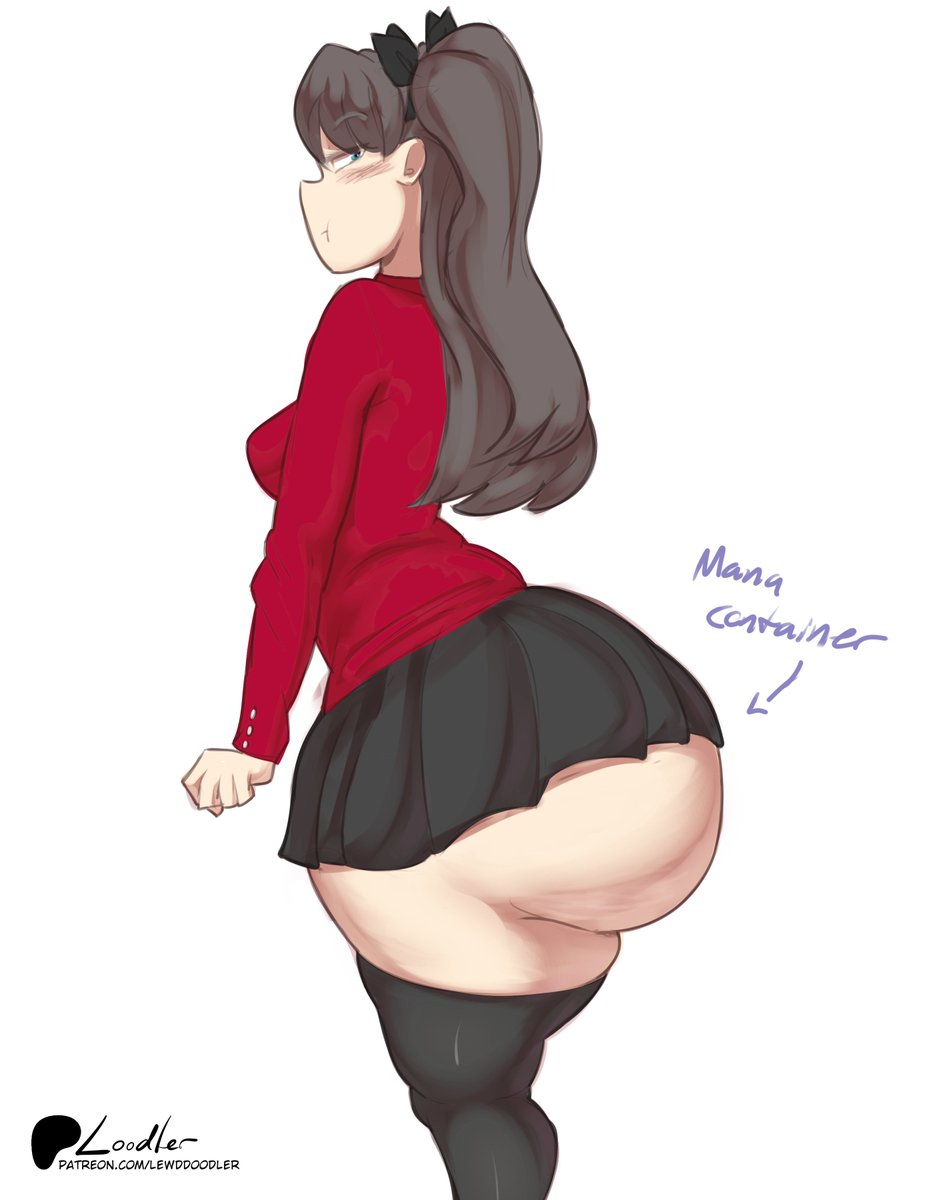 1girls, ass, ass bigger than head, ass focus, ass hanging out, ass hanging out of skirt, big ass, blue eyes, blush, breasts, brown hair, clothing, dumptruck ass, evil container, fate (series), fate/stay night, female, female focus, female only, huge ass, ineffective skirt, lewddoodler, no panties, rin tohsaka, skirt, small breasts, solo, solo female, solo focus, stockings, thick, thick ass, thick thighs, twintails, useless skirt