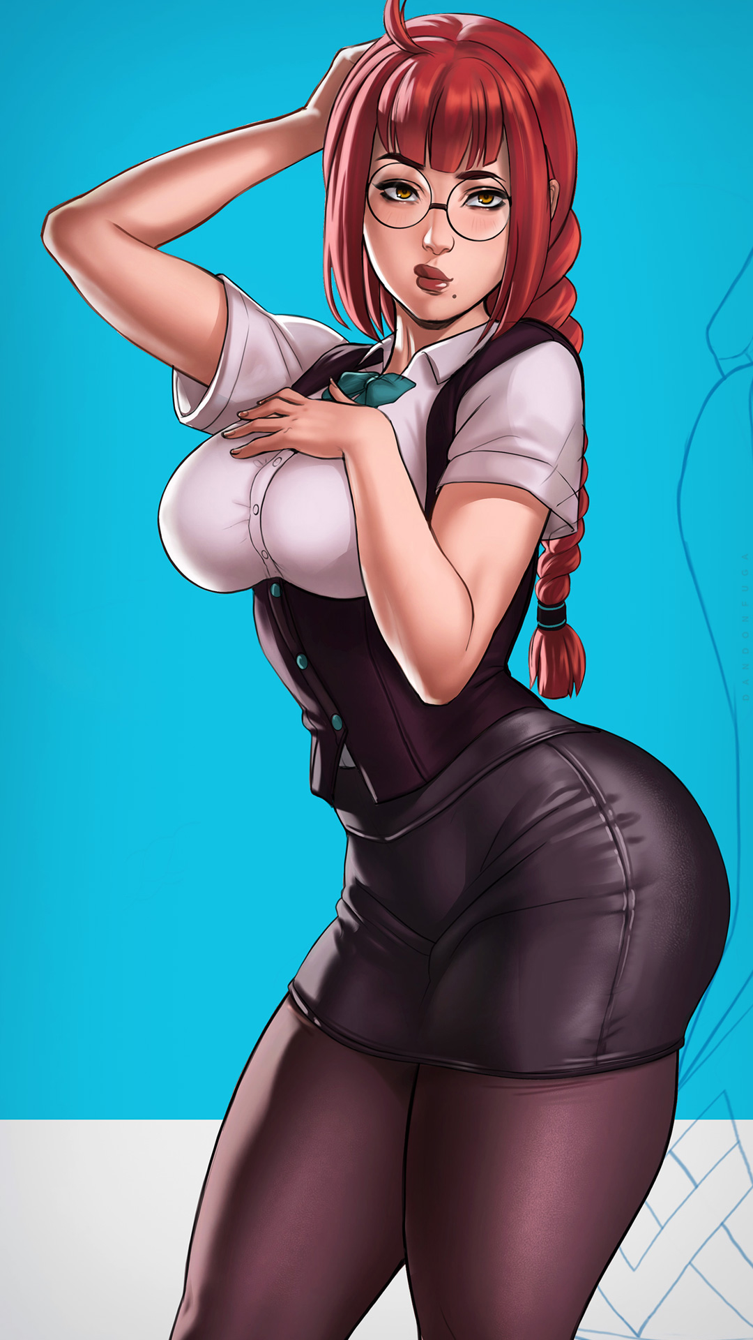 1girls, arms up, bangs, beauty mark, big breasts, bowtie, braided ponytail, breasts, child bearing hips, clothed, clothing, dandon fuga, female, female focus, female only, glasses, hand on breast, hand on chest, hand on head, hand on own breast, hand on own chest, hand on own head, hips, human, large breasts, long hair, looking at viewer, namiya (dandonfuga), original character, pantyhose, red hair, red lips, shirt, simple background, skirt, solo, solo female, solo focus, standing, thick thighs, thighs, vest, yellow eyes