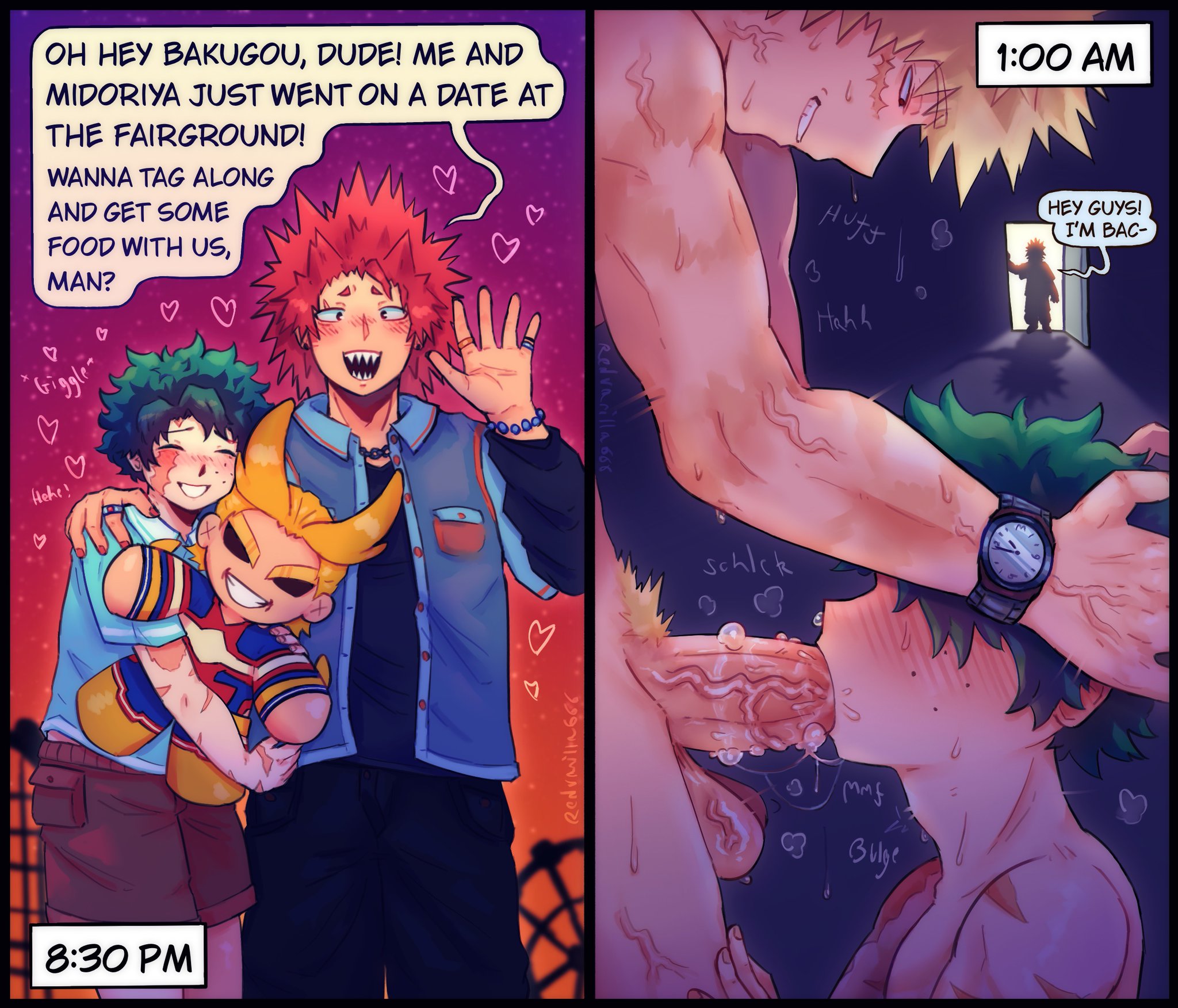 3boys, all might, bakugou katsuki, blonde hair, blowjob, boku no hero academia, caught, caught in the act, cheating, cock, comic, cuckold, deku, dialogue, eijirou kirishima, english text, fully nude, gay, gay blowjob, gay domination, gay male, giving head, green hair, head grab, huge cock, izuku midoriya, katsuki bakugou, kirishima eijirou, male, male only, male penetrating male, male/male, midoriya izuku, my hero academia, ntr, oral, orange eyes, penis in mouth, red hair, redvanilla666, saliva, saliva on penis, saliva trail, speech bubble, spiky hair, sucking penis, tagme, yaoi