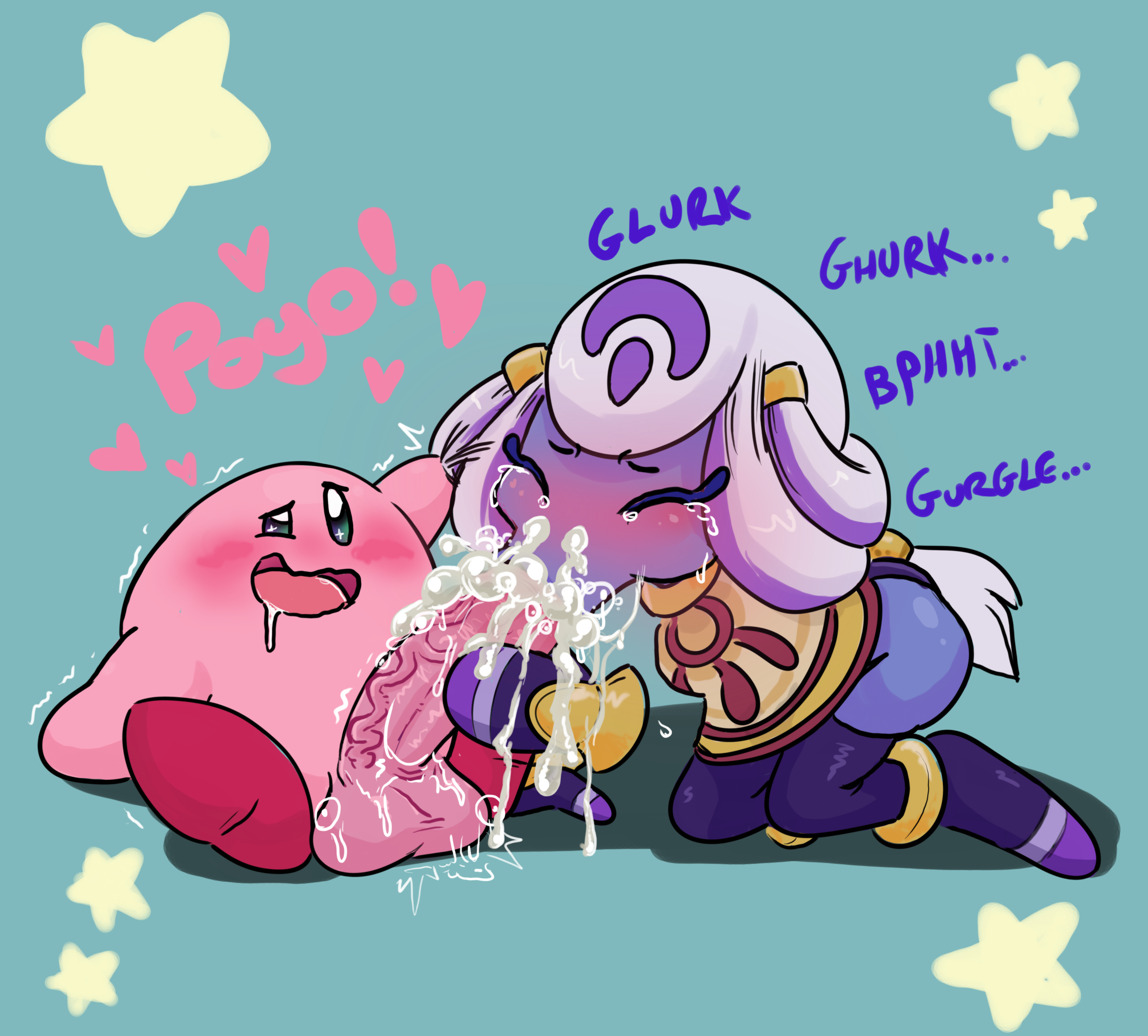 :>=, armless female, blowjob, cum bubbles, cum in mouth, excessive cum, fellatio, floating hands, kirby, kirby (series), lots of cum, nintendo, pervypocket, spit, tears, vacuum blowjob, waddling head