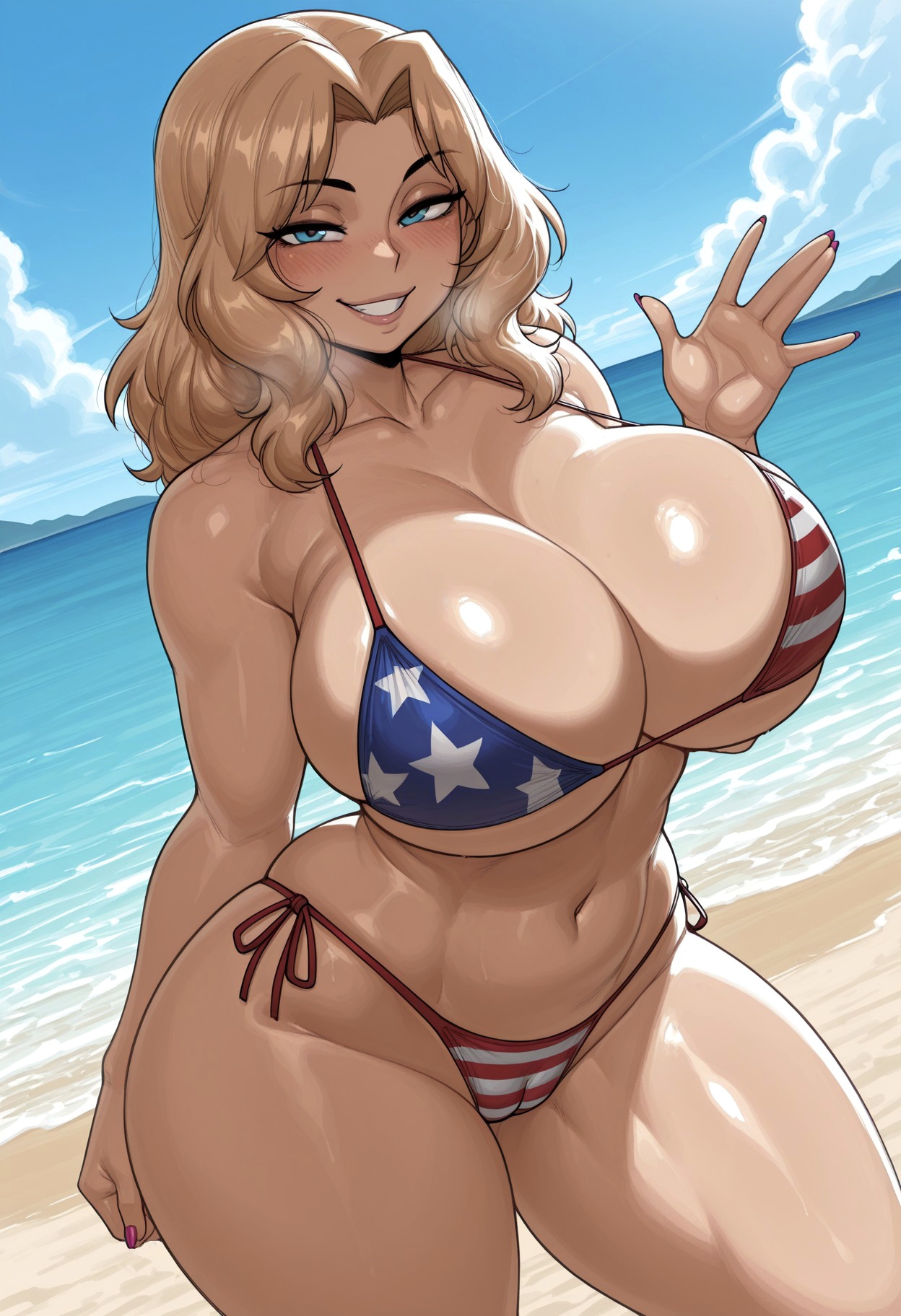 1girls, ai generated, american flag bikini, ass, beach, big ass, big breasts, bikini, bimbo, blonde hair, blue eyes, blush, breasts bigger than head, cameltoe, contrapposto, curvaceous female, curvaceous figure, curvy, curvy body, fat ass, female, female focus, flirting, flirting with viewer, gigantic ass, gigantic breasts, gigantic butt, gigantic thighs, girls und panzer, horny, hot day, huge breasts, inviting to sex, kay (girls und panzer), large ass, large breasts, long hair, looking at viewer, mature female, milf, mommy, ocean, outdoors, palms, posing, presenting, presenting self, remington34, schoolgirl, seductive look, smile, thicc thighs, wet, wide hips