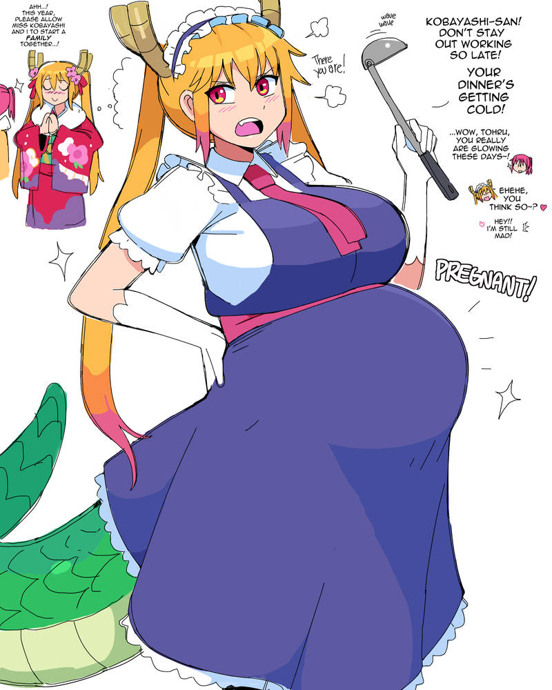 big breasts, breasts, dr-worm, female, female only, horns, huge breasts, kimono, kobayashi, lewdlemage, miss kobayashi's dragon maid, pregnant, tail, tohru (dragon maid), wholesome