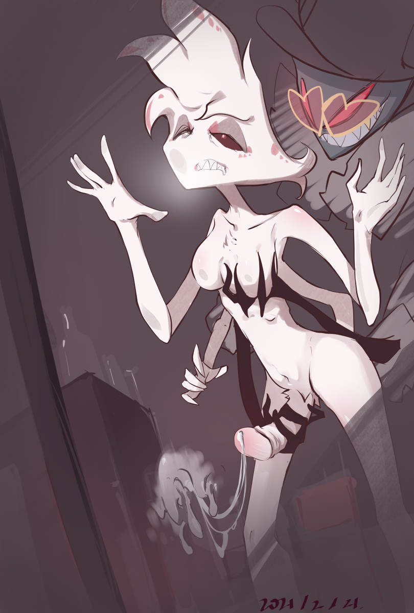 2boys, 4 arms, against glass, angel dust (hazbin hotel), breasts, cum, cum on glass, cumming, distress, erect penis, erection, forced, forced orgasm, glasses, grabbing, grabbing breasts, grabbing penis, hazbin hotel, jerking, jerkingoff, looking back, male, male only, male/male, multi arm, multi limb, nude, nude male, penis, pressed against, sad, smile, valentino (hazbin hotel), vivienne medrano, white body, white hair, yaoi