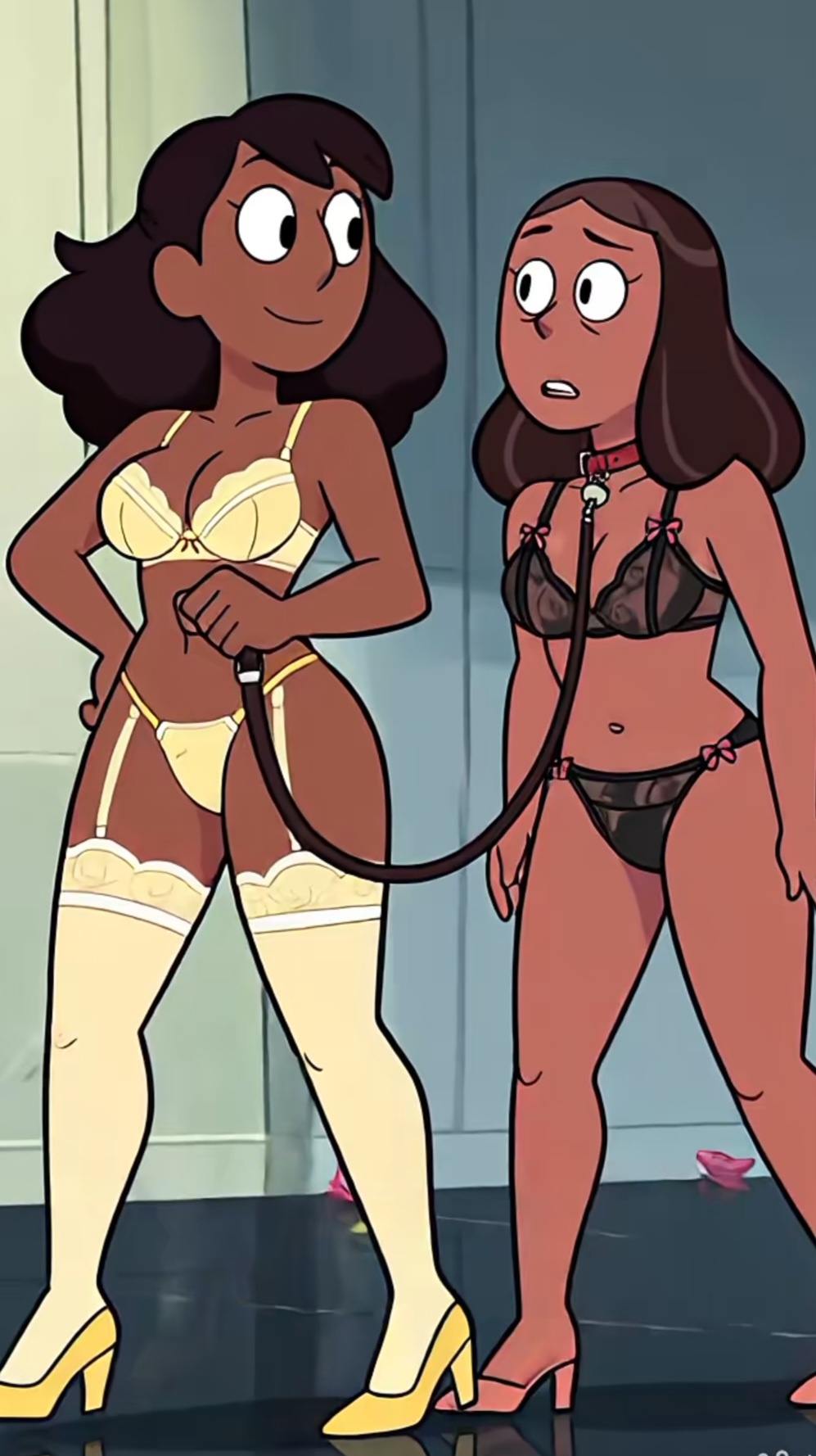 2girls, ai generated, bra, collar, connie maheswaran, garter straps, high heels, incest, leash, lesbian, lesbian domination, lesbian incest, lingerie, milf, mistress, mistress and slave, mother and daughter, panties, pet, priyanka maheswaran, slave, smiling, steven universe, walking