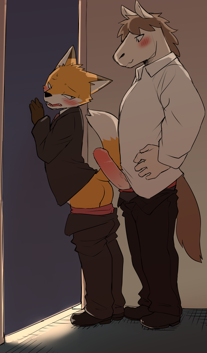 2018 2boys age_difference anthro arched_back ass blush canid canine clothed clothing digital_media_(artwork) duo edit equid equine erection fox gay genitals horse imminent_anal imminent_sex junior_horse looking_back male male/male male_only mammal manmosu_marimo open_mouth pants_down partially_clothed penis presenting presenting_hindquarters senior_fox standing uncensored yaoi