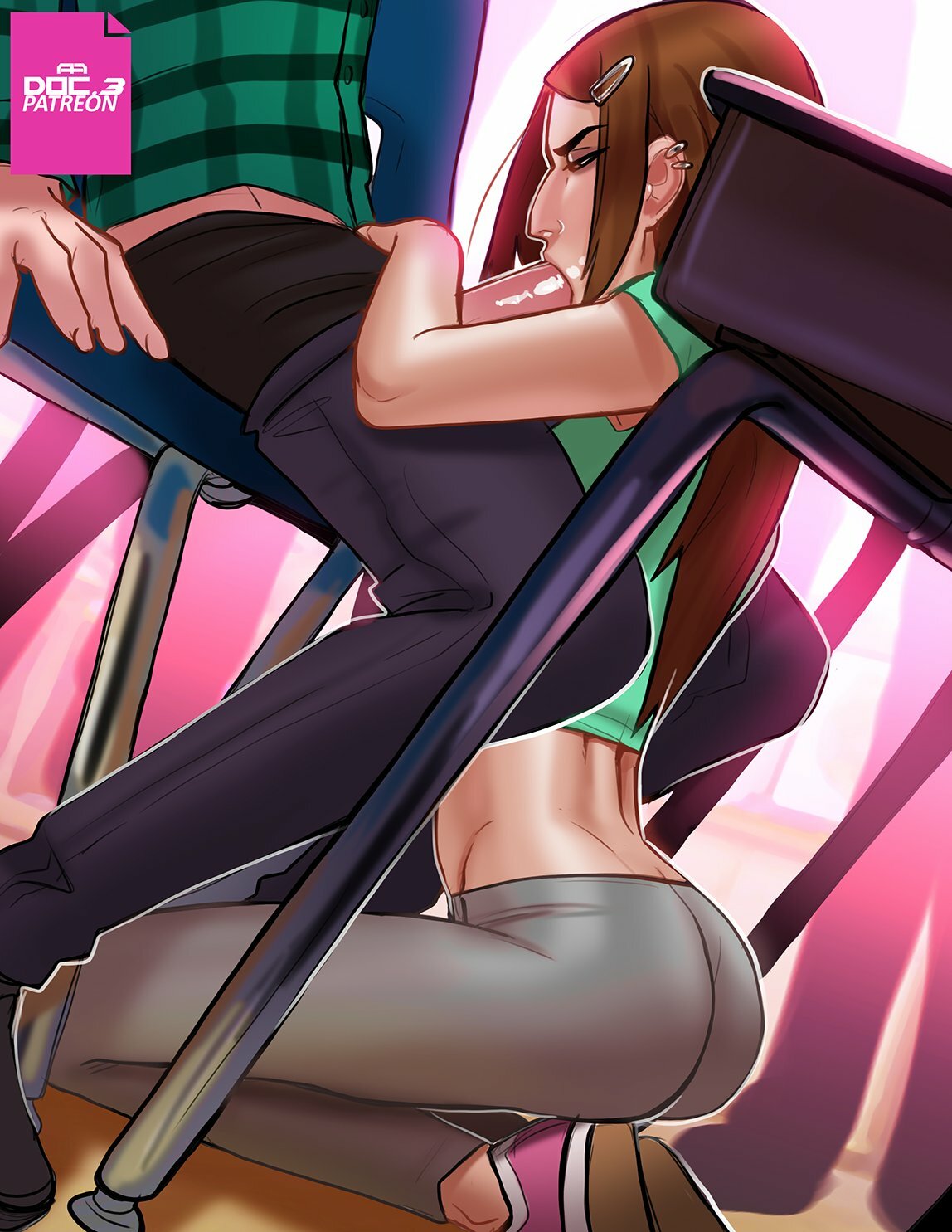 1boy, 1girls, andava, andavaverse, ass, brown hair, desk, erica andreyko, fellatio, female, hairclip, human, jacob (andava), kneeling, long hair, male, male penetrating female, midriff, oral, oral sex, original, partial male, penis, sex, straight, under desk