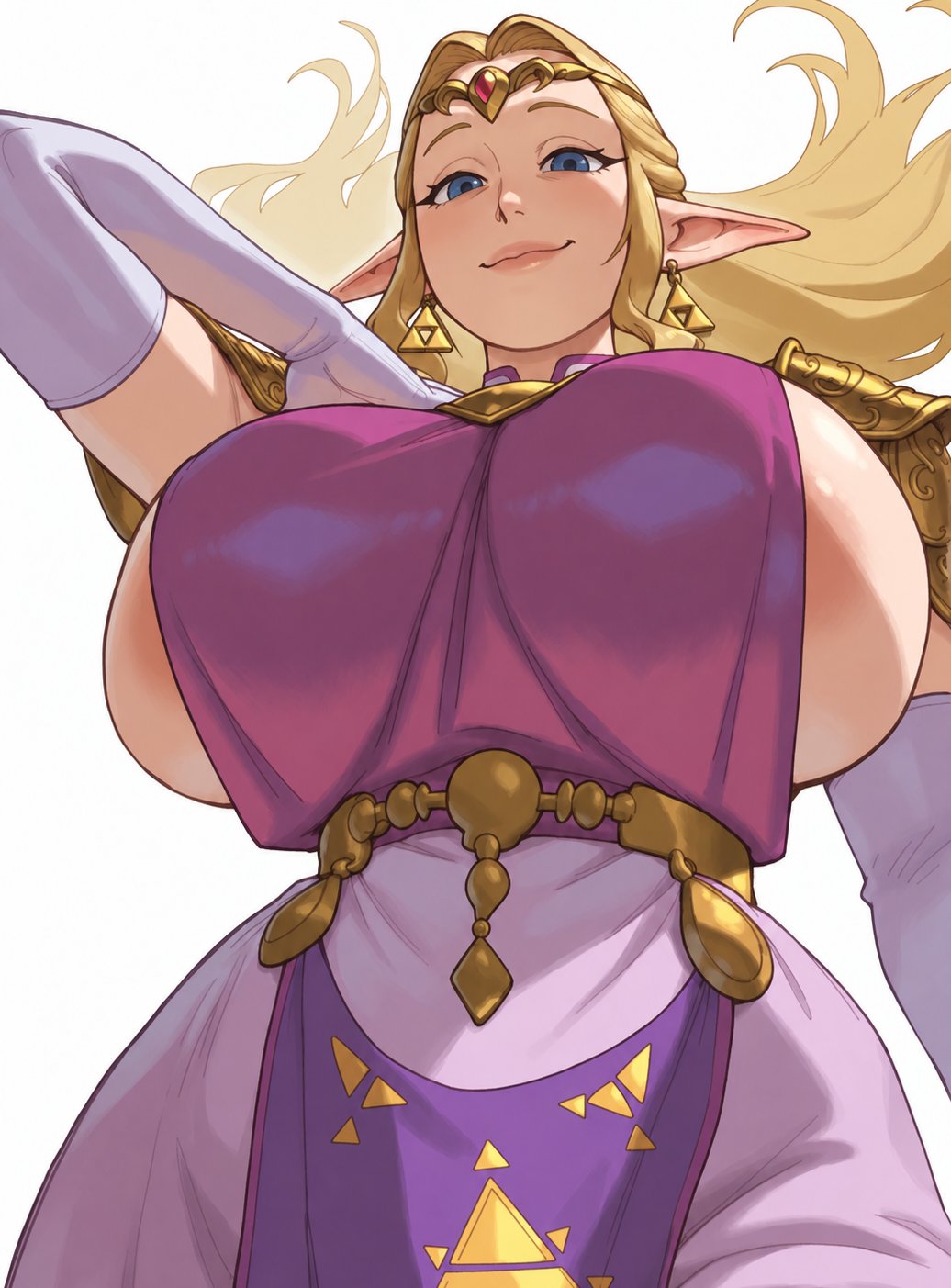 1girls, ai generated, areolae, arm up, big breasts, blonde hair, blue eyes, breasts, circlet, curvy, dress, earrings, elbow gloves, erosart, female, female only, gloves, half-closed eyes, huge breasts, lips, long hair, looking at viewer, looking down, massive breasts, milf, milfification, nintendo, ocarina of time, pointy ears, princess zelda, sideboob, smile, solo, the legend of zelda, thighs, triforce earrings, white gloves, wide hips, zelda (ocarina of time)