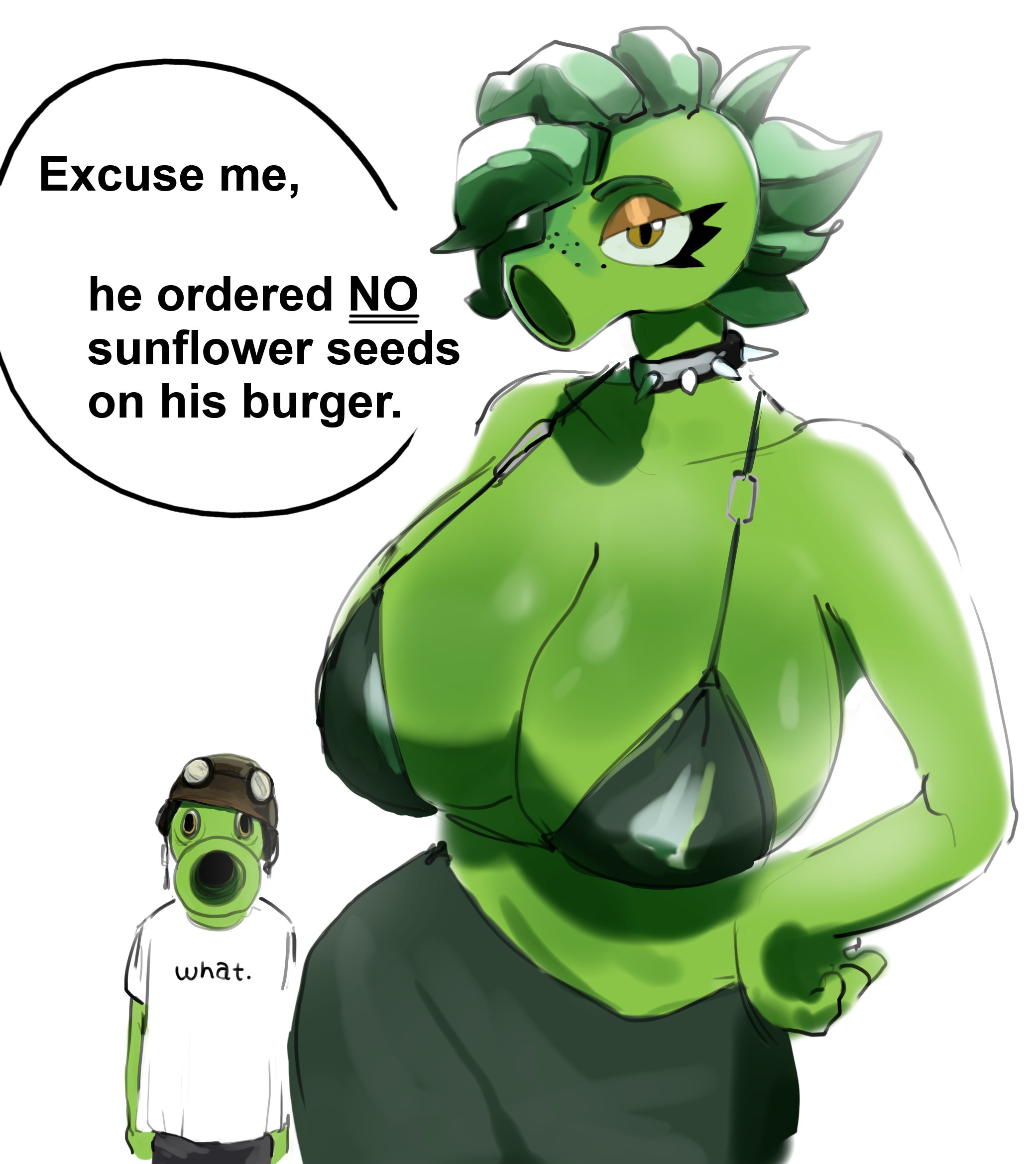 1boy, 1girls, 2026, anthro, artist request, ass, big ass, big breasts, big thighs, bikini top, breasts, breasts bigger than head, dialogue, electronic arts, female, flora fauna, freckles, green body, green hair, green skin, huge breasts, hyper, hyper breasts, leaf, ljcaffie, looking at viewer, male, peablaze (leafpaw), peashooter (pvz), plant, plant girl, plant humanoid, plantie, plants vs zombies, plants vs. zombies, popcap, popcap games, pvz, size difference, tall female, taller female, text, thick thighs, thighs, tomboy, video game, video game character, voluptuous, yellow eyes