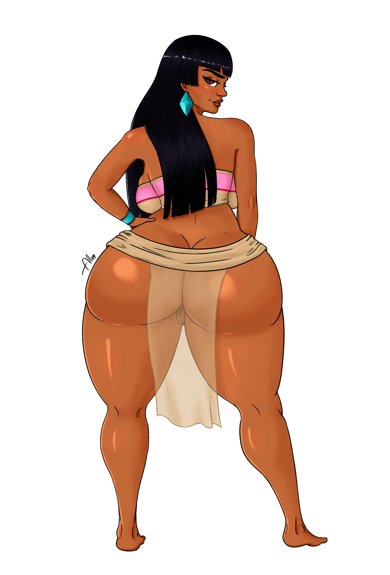 1girls, allop, artist name, ass, ass focus, ass visible through thighs, bangs, big ass, big butt, brunette, bubble ass, bubble butt, chel, dark skin, dark-skinned female, earrings, female, huge ass, loincloth, looking at viewer, looking back, no panties, presenting hindquarters, pussy, pussy peek, see-through, see-through clothing, shaved pussy, simple background, solo, solo female, solo focus, standing, the road to el dorado, thick eyebrows, thick legs, thick thighs, tribal, white background