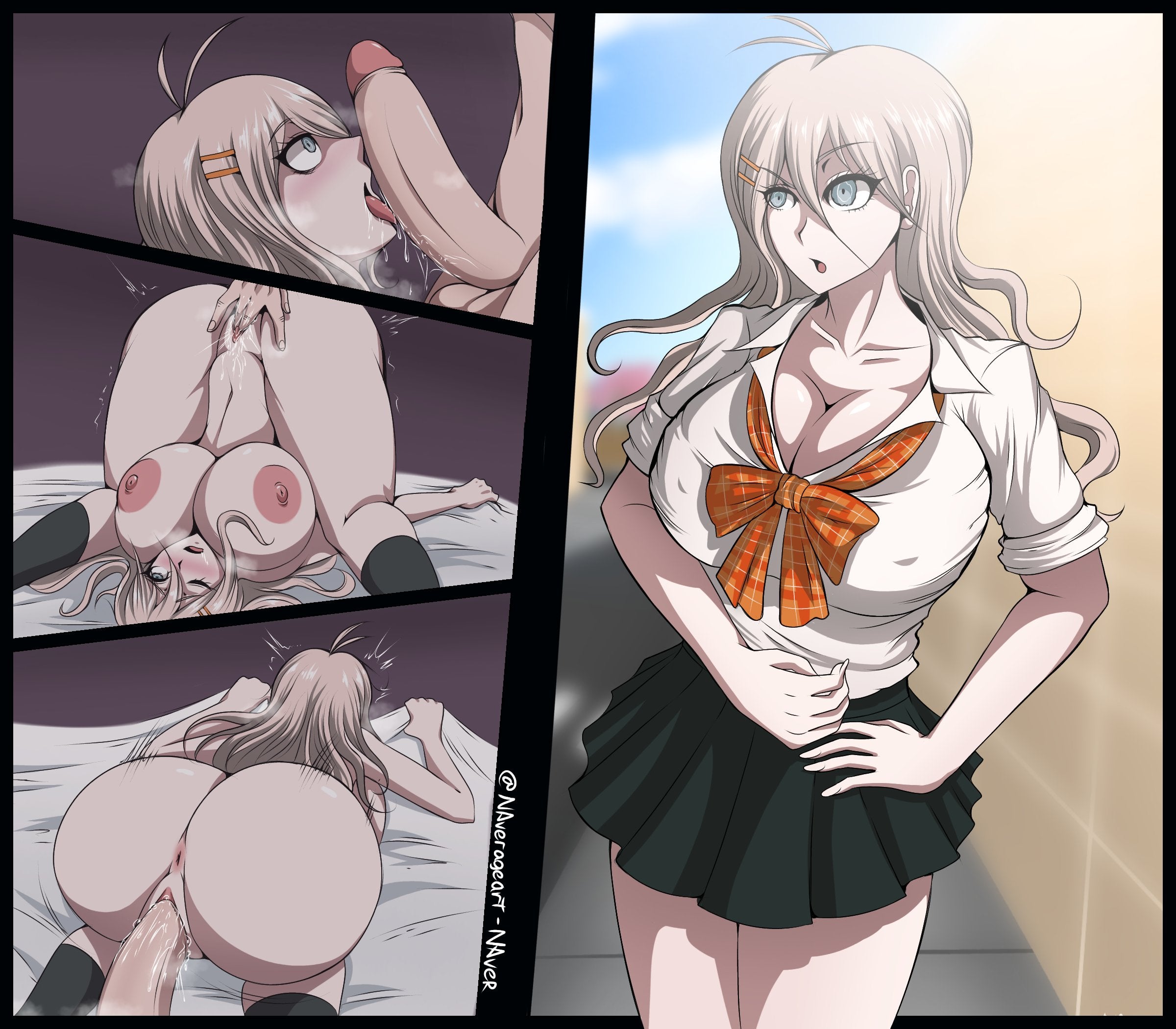 1boy, 1girls, ahoge, anus, ass, blonde hair, breasts, comic, danganronpa, danganronpa v3, dialogue, english text, face down ass up, fellatio, female, fingering, huge ass, instant loss, instant loss 2koma, iruma miu, large breasts, licking penis, long hair, male, naver, nude, oral, partial male, penis, penis on face, pussy, school uniform, schoolgirl, socks, text, top-down bottom-up, upside-down, vaginal penetration