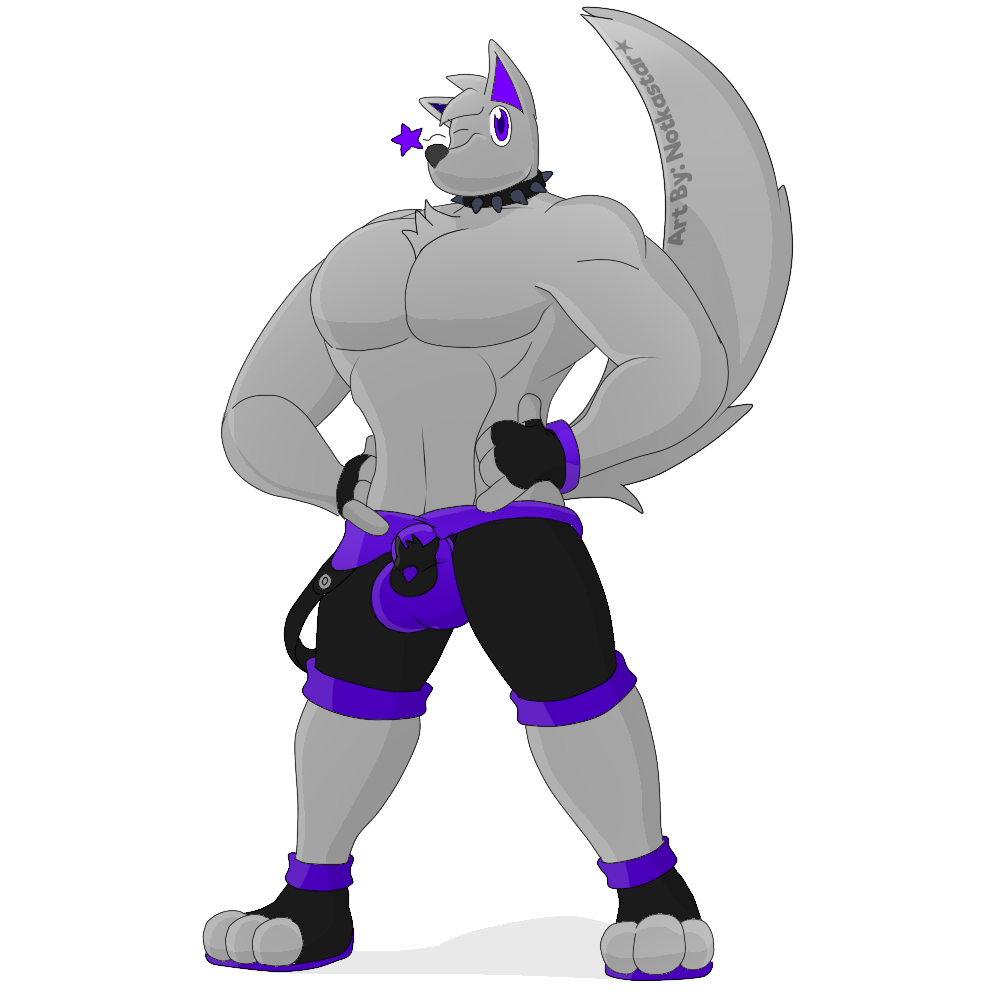 anthro bulge canid canine canis fur furry genital_outline male mammal muscular muscular_anthro muscular_male notkastar one_eye_closed overalls penis_outline solo testicles_outline wink wolf zatch_(character)