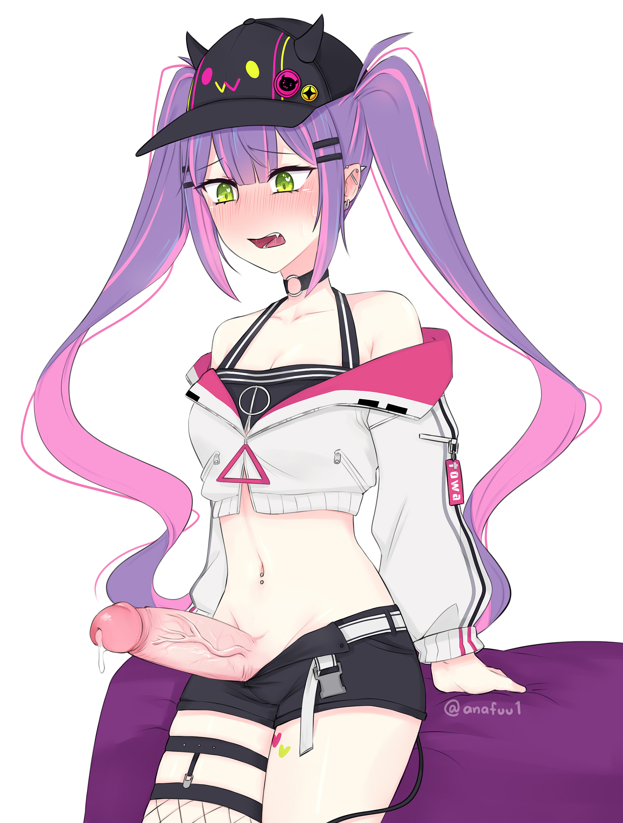1futa, anafuu, blush, breasts, clothed, clothing, erect penis, erection, futa only, futanari, green eyes, holoforce, hololive, hololive japan, human, intersex, midriff, mostly clothed, pale skin, penis, penis out, pierced ears, precum, precum drip, purple hair, short shorts, solo, solo futa, standing, streetwear, tokoyami towa, virtual youtuber