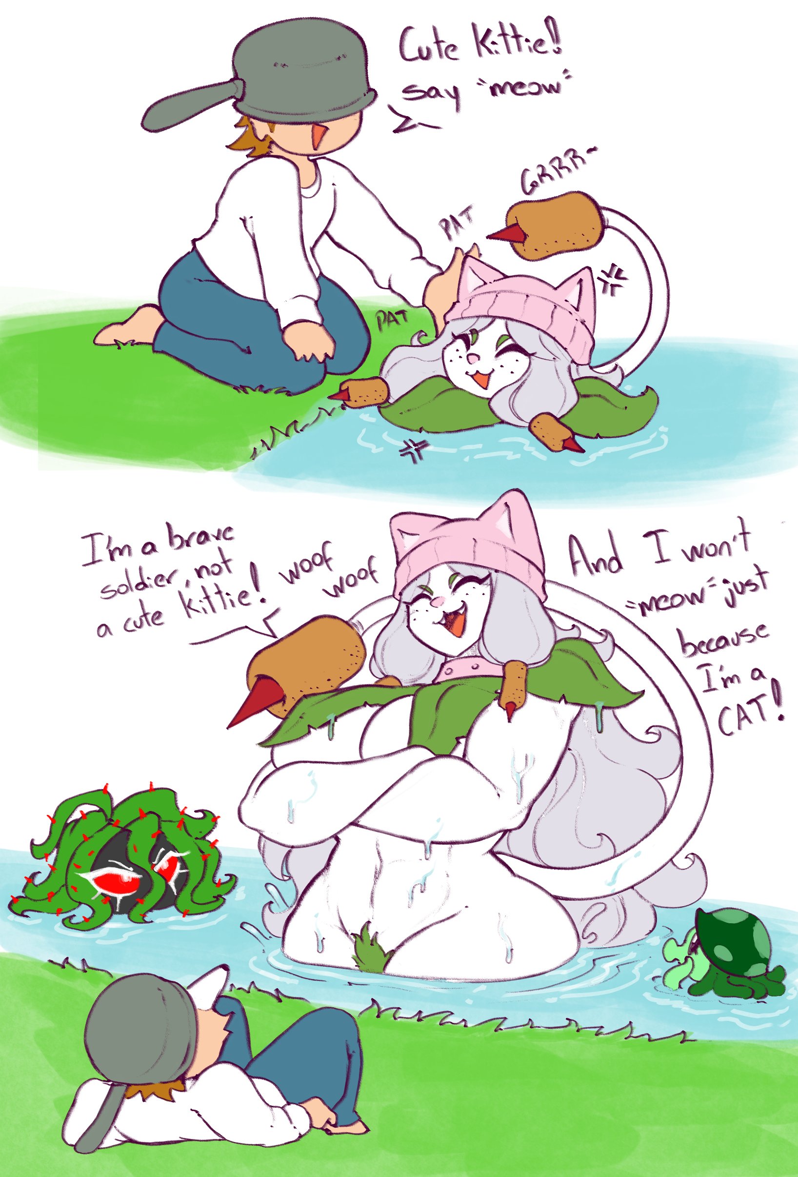 1boy, 3girls, anthro, anthro character, breasts, cattail (pvz), crazy dave (pvz), cute, dialogue, electronic arts, eljarochofeliz, feline, feline humanoid, female, flora fauna, freckles, human, larger female, plant girl, plant humanoid, plantie, plants vs zombies, pool, popcap, popcap games, pubes, pubic hair, pussy, pvz, sea-shroom (pvz), smaller male, tangle kelp (pvz), text, video game, video game character, water, wet, wet body, wet pussy, wholesome