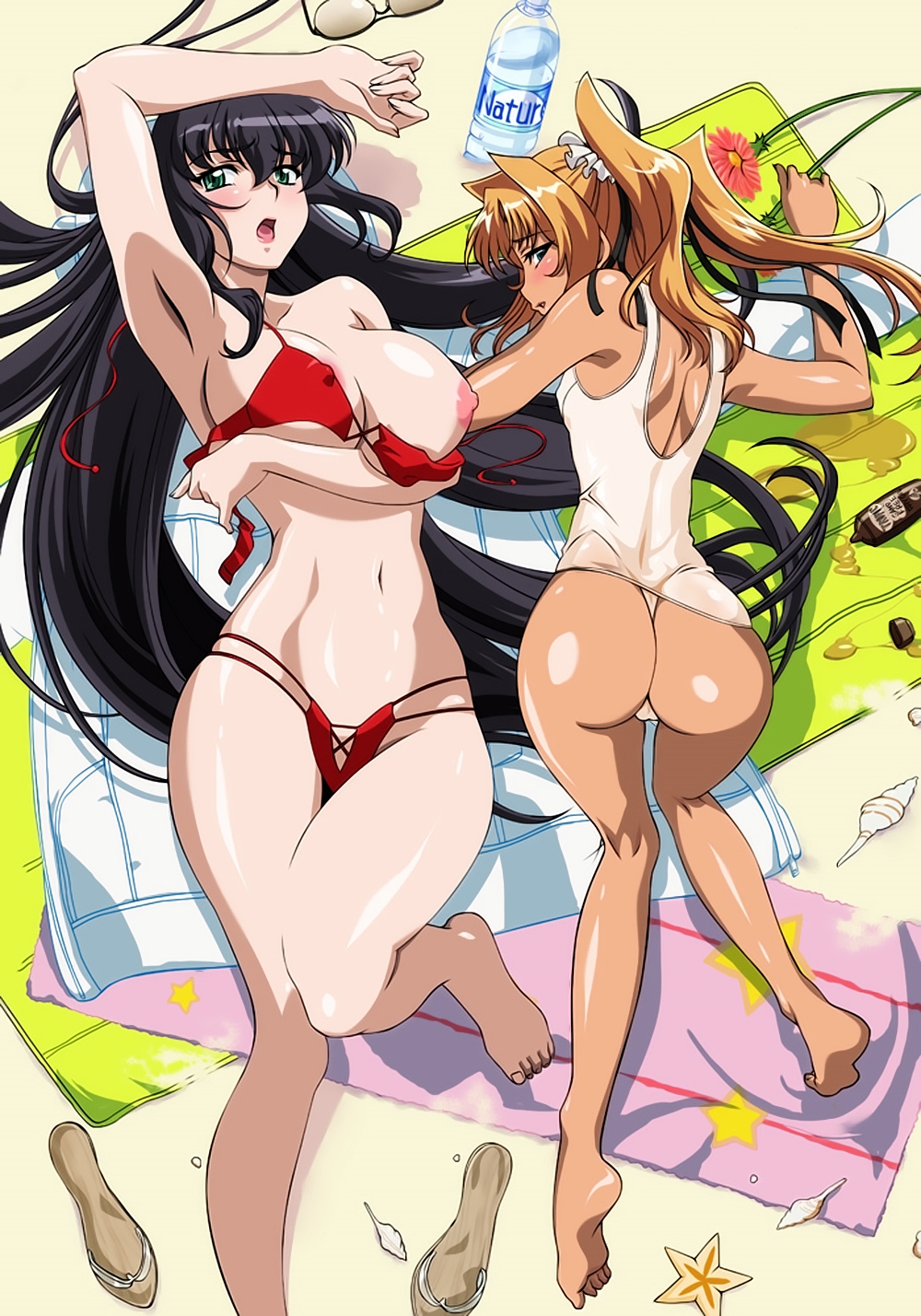 2girls all_fours areolae ass breasts clothed clothing duo female female_only furuse_mayu futaba_lili_ramses human morino_yuuko multiple_girls official_art on_back pale_skin partially_clothed pixy_(company) sukumizu tan tentacle_and_witches wide_hips