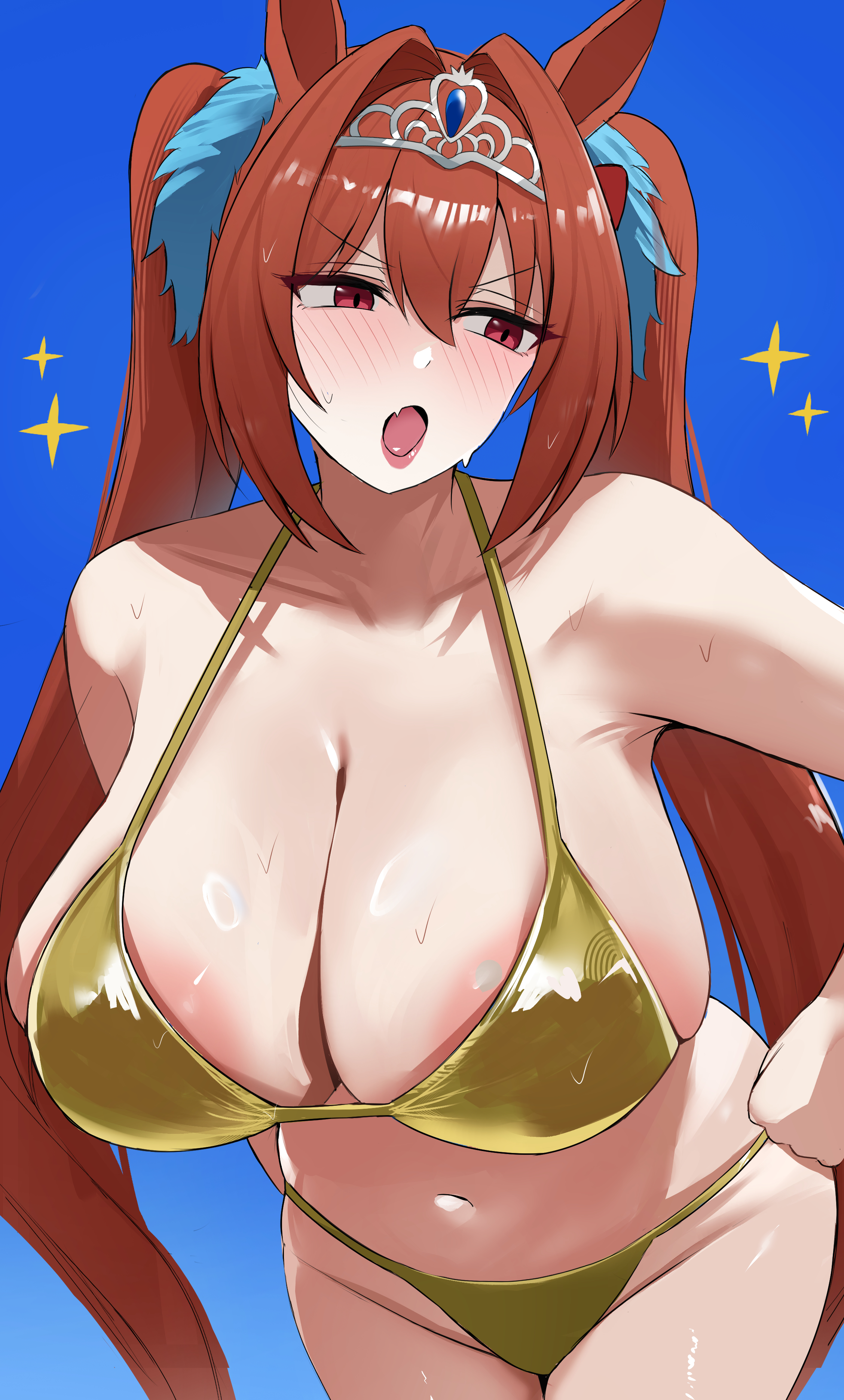 1girl, areola slip, blush, brown hair, cleavage, daiwa scarlet (umamusume), fang, gold bikini, horse ears, horse girl, horse tail, huge breasts, large areolae, long hair, looking to the side, namikare, navel, open mouth, plump, red eyes, solo, stomach, tiara, twintails, umamusume, umamusume pretty derby, very long hair