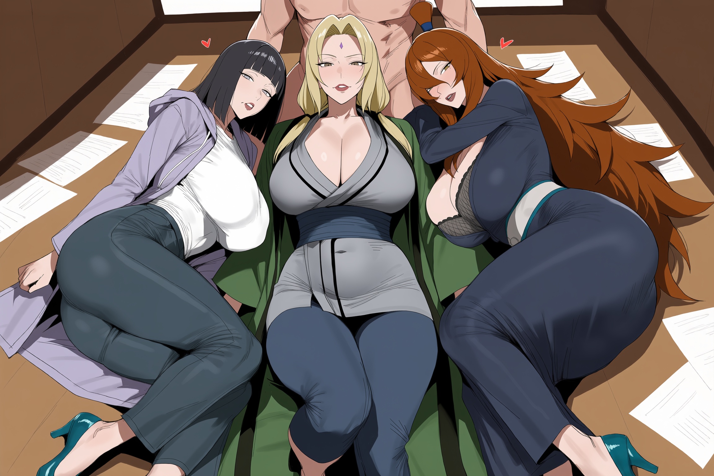 4girls, ai generated, ass, black hair, blonde hair, blush, boruto, boruto: naruto next generations, breasts, cleavage, heart, hi res, high heels, high quality, high resolution, huge breasts, hyuuga hinata, indoors, long hair, multiple girls, naruto (series), patreon, seductive, sexy, sitting, terumi mei, tsunade (naruto), uncensored, uzumaki hinata