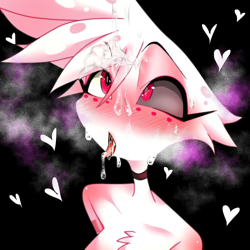 1boy, ahe gao, angel dust (hazbin hotel), blush, choker, cum, cum drip, cum dripping, cum in hair, cum on body, cum on face, cum on tongue, demon, hazbin hotel, heart, male, male only, open mouth, spider, tongue, tongue out, vivienne medrano, white body, white hair