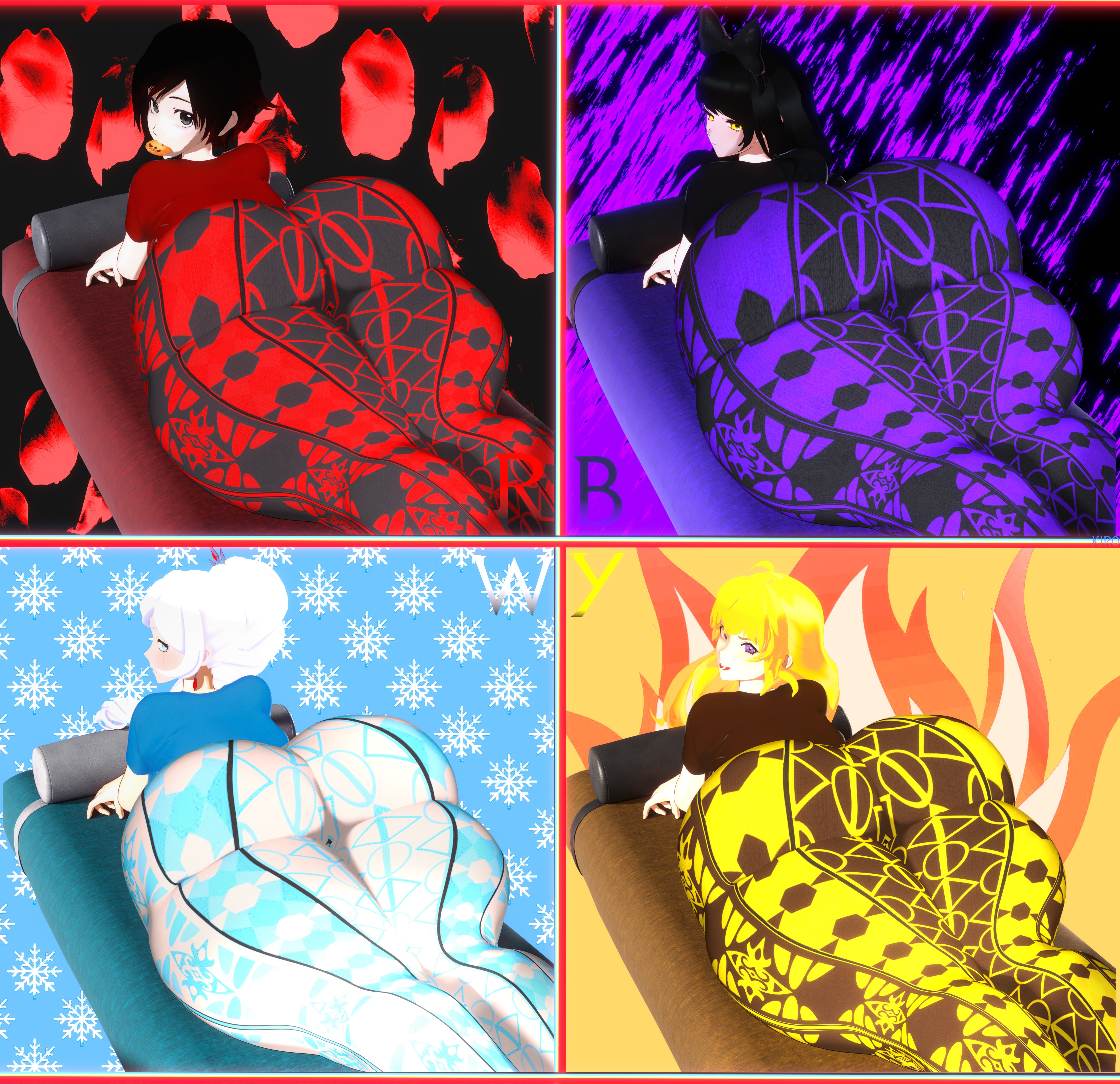 3d, 4girls, ass, ass chart, back view, big ass, blake belladonna, chart, flare pants, forbidden pants, huge ass, hyper, hyper ass, kiro93591529, laying down, looking back, ruby rose, rwby, thick thighs, weiss schnee, yang xiao long