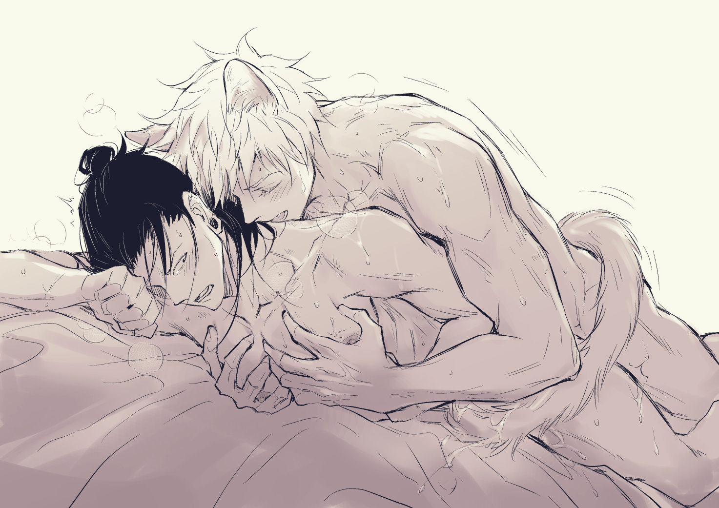 2boys, bare arms, bare shoulders, bare thighs, bed sheet, cat boy, cat ears, cat tail, catboy, gay, hands on chest, jujutsu kaisen, male, male penetrated, male penetrating, male penetrating male, male/male, monochrome, nejmai, satoru gojo, suguru geto, yaoi