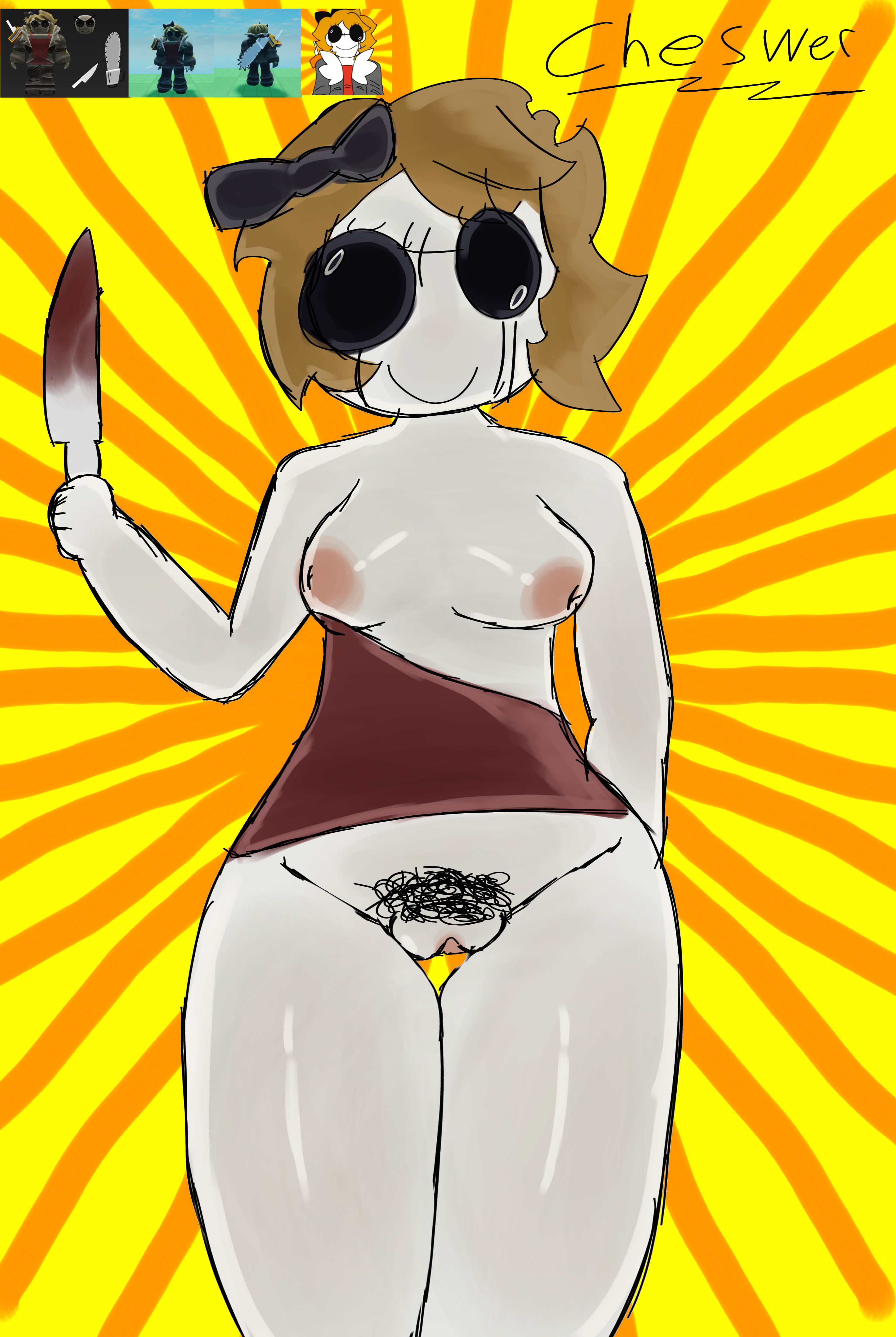 1girls, black eyes, breasts, bun, cheswer, derpina, forsaken (roblox), knife, orange background, pubic hair, pussy, reference image, roblox, roblox game, robloxian, self upload, slasher (forsaken), small breasts, tagme, thick thighs, white body, yellow background, yellow hair