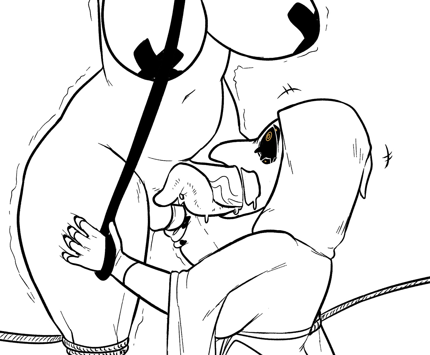 1futa, 1girls, balls, black and white, breasts, fellatio, female, futanari, intersex, margaret (vetisx), mask, oral, penis, plague doctor, sucking, white background