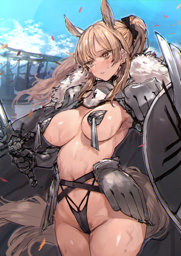 1girls animal_ears arknights armor big_breasts blemishine_(arknights) blonde_hair blush c.cu curvy embarrassed female_pubic_hair hair_ribbon hairy_pussy horse_ears horse_girl horse_tail knight pasties ponytail pubic_hair pubic_hair_peek shield sweat sweatdrop sweaty sword wide_hips