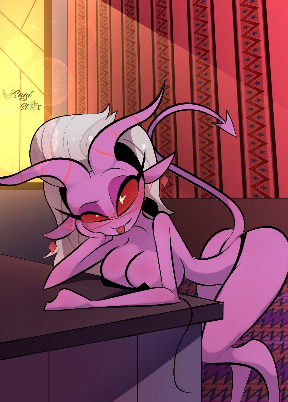 1girls, ass, big ass, big breasts, breasts, demon, demon girl, female, helluva boss, horns, looking at viewer, mayberry (helluva boss), pasties, purple skin, red eyes, tagme, tail, tongue, tongue out, usagi star, vivienne medrano