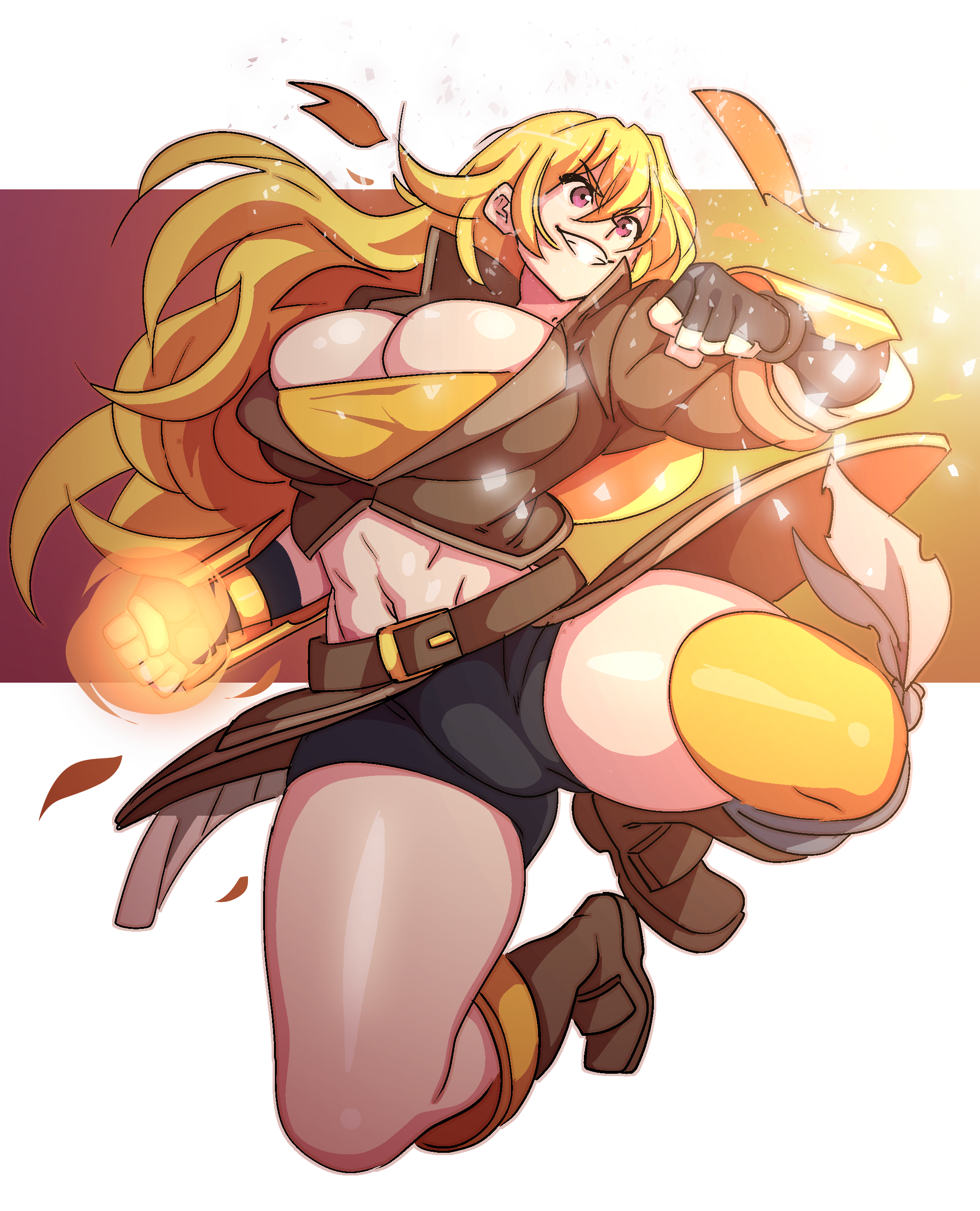 1girls, big breasts, blonde hair, breasts, cameltoe, clothed female, female, female focus, female only, large breasts, long hair, nisego, pussy, rooster teeth, rwby, smile, solo, solo female, solo focus, yang xiao long