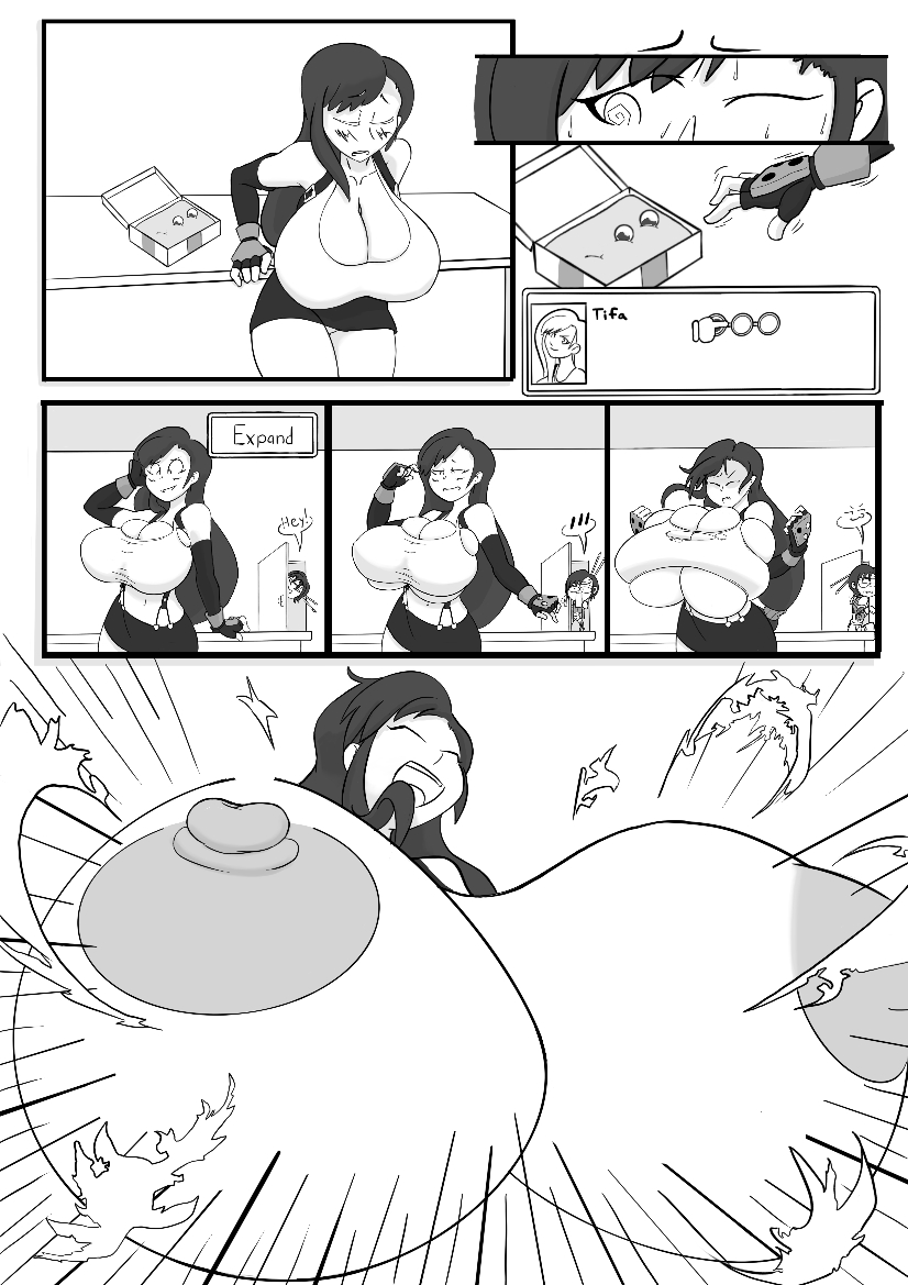 2girls breast_expansion breasts bursting_breasts cleavage comic comic_page female female_only final_fantasy final_fantasy_vii huge_breasts long_hair monochrome square_enix tifa_lockhart tsuko_ex_(artist) wardrobe_malfunction yuffie_kisaragi