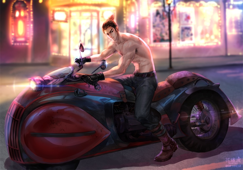 1boy abs asian_male big_penis chinese_dragon chinese_dress chinese_mythology chinese_text kaworu kaworu_(artist) li_yunxiang looking_at_viewer male male_only motorcycle motorcycle_suit mounted muscles nezha_reborn shirtless shirtless_(male) six_pack smiling smiling_at_viewer