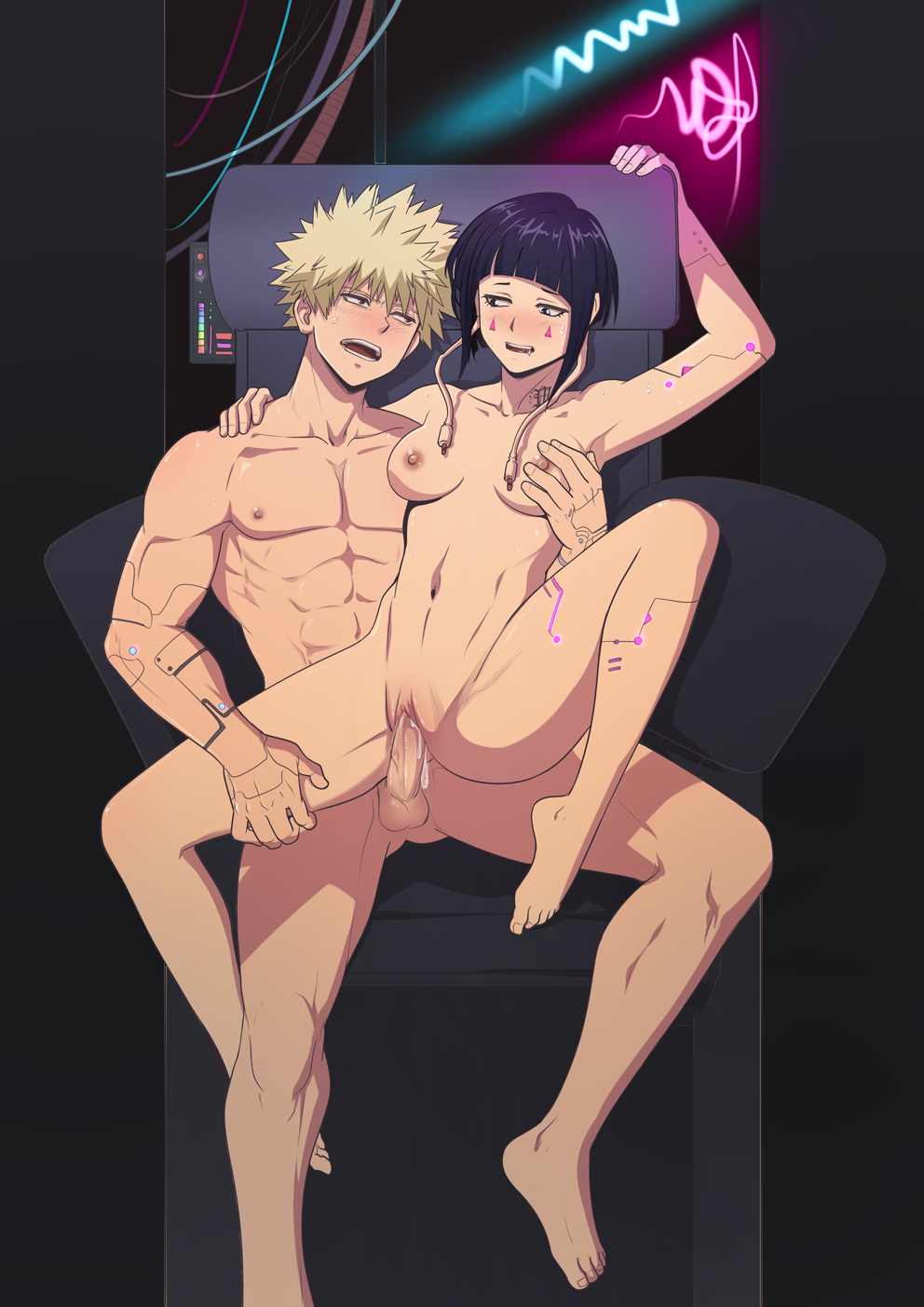 1boy 1boy1girl 1girls autumn_sacura bob_cut breasts chair_sex completely_nude dripping female hand_on_breast katsuki_bakugou kyoka_jiro male muscular muscular_male my_hero_academia nipples nude nude_female nude_male penetration pussy_juice sex straight vaginal_penetration vaginal_sex