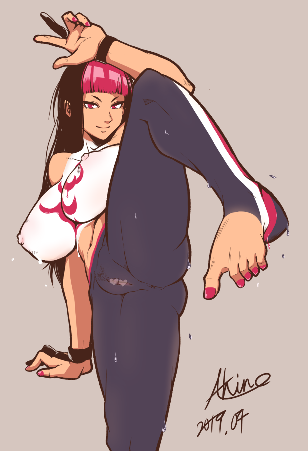 action pose, akishiro akino, anus, areolae, bangs, big breasts, black hair, bodypaint, bracelet, breasts, busty, capcom, erect nipples, feet, female, female focus, female only, foot, foot fetish, hourglass figure, juri han, long hair, makeup, nail polish, nipples, nude, nude female, nudity, painted clothes, painted nails, painted toenails, pink hair, pink nail polish, pink nails, pink toenails, pubic hair, purple eyes, pussy, street fighter, sweat, tagme, tied hair, toenail polish, toes, two-tone hair, vagina, wide hips